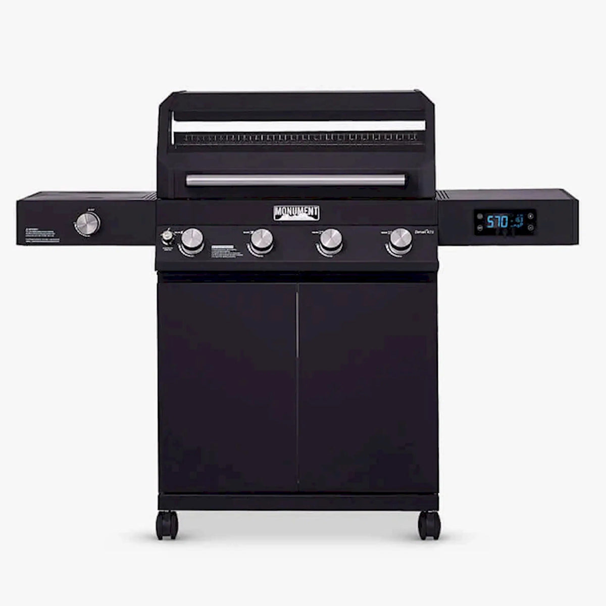 Black propane gas grill with front control panel and side shelves