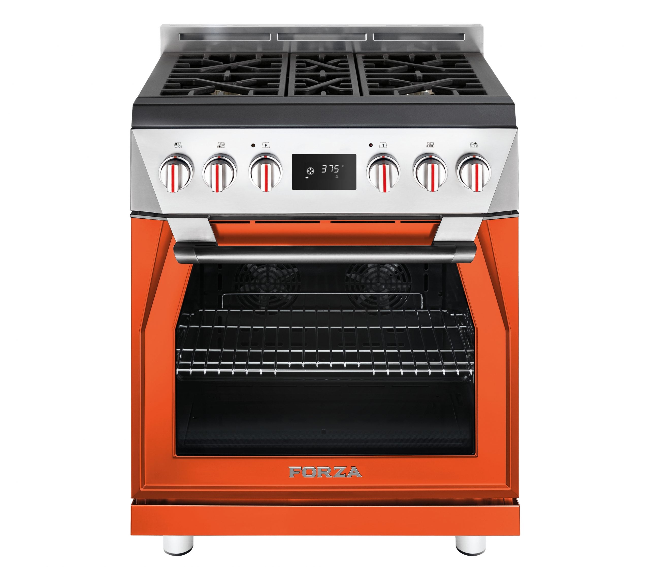Forza 30-inch dual fuel range in Ardente Orange, with oven door and control knobs