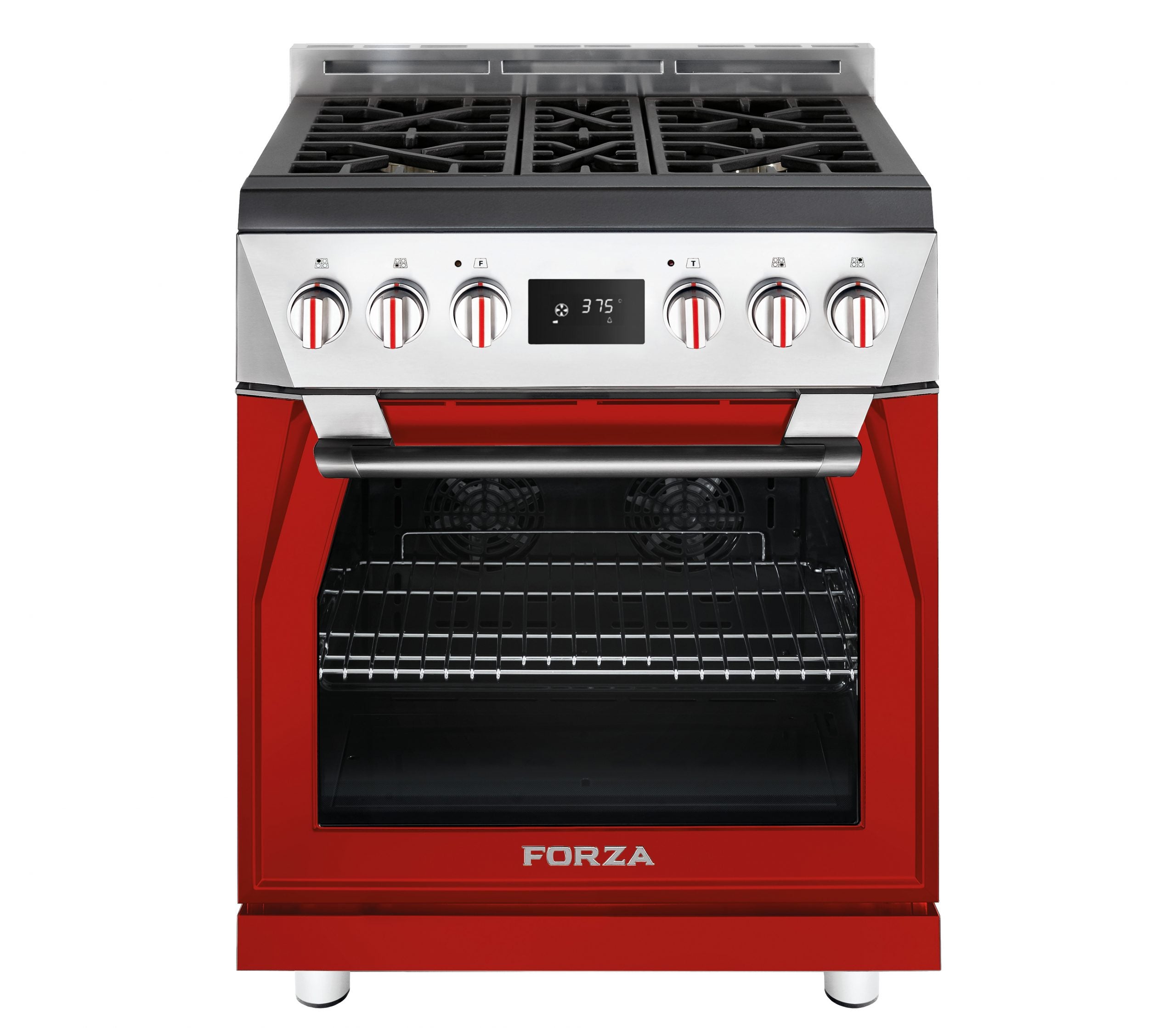 Radicale Red dual fuel range with oven door and six burner knobs