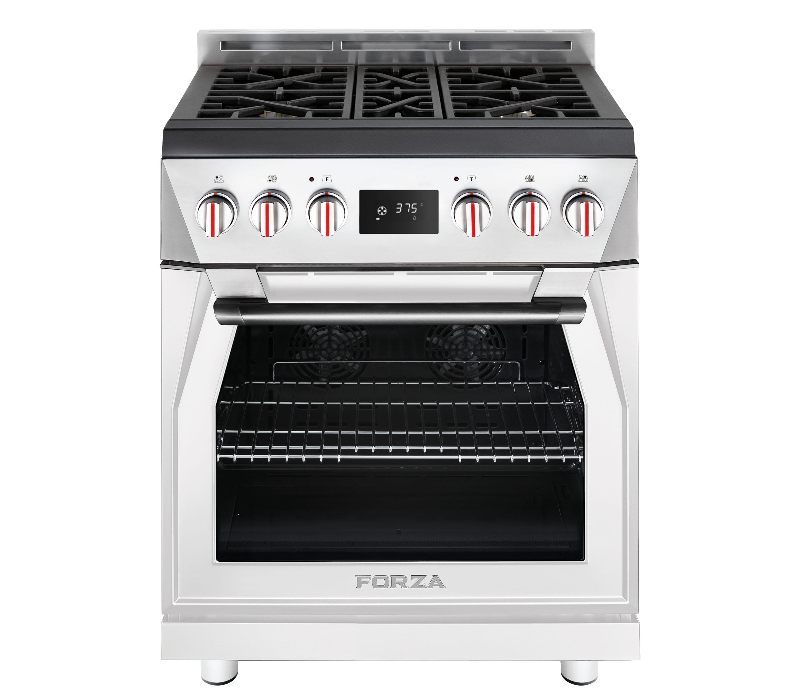 30-inch dual fuel range in Valoroso White with open oven door and control knobs