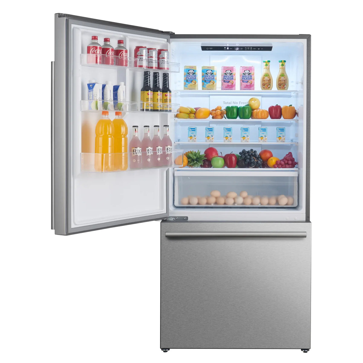 Stainless steel dual-bottom freezer refrigerator with open fridge section and pull-out drawer
