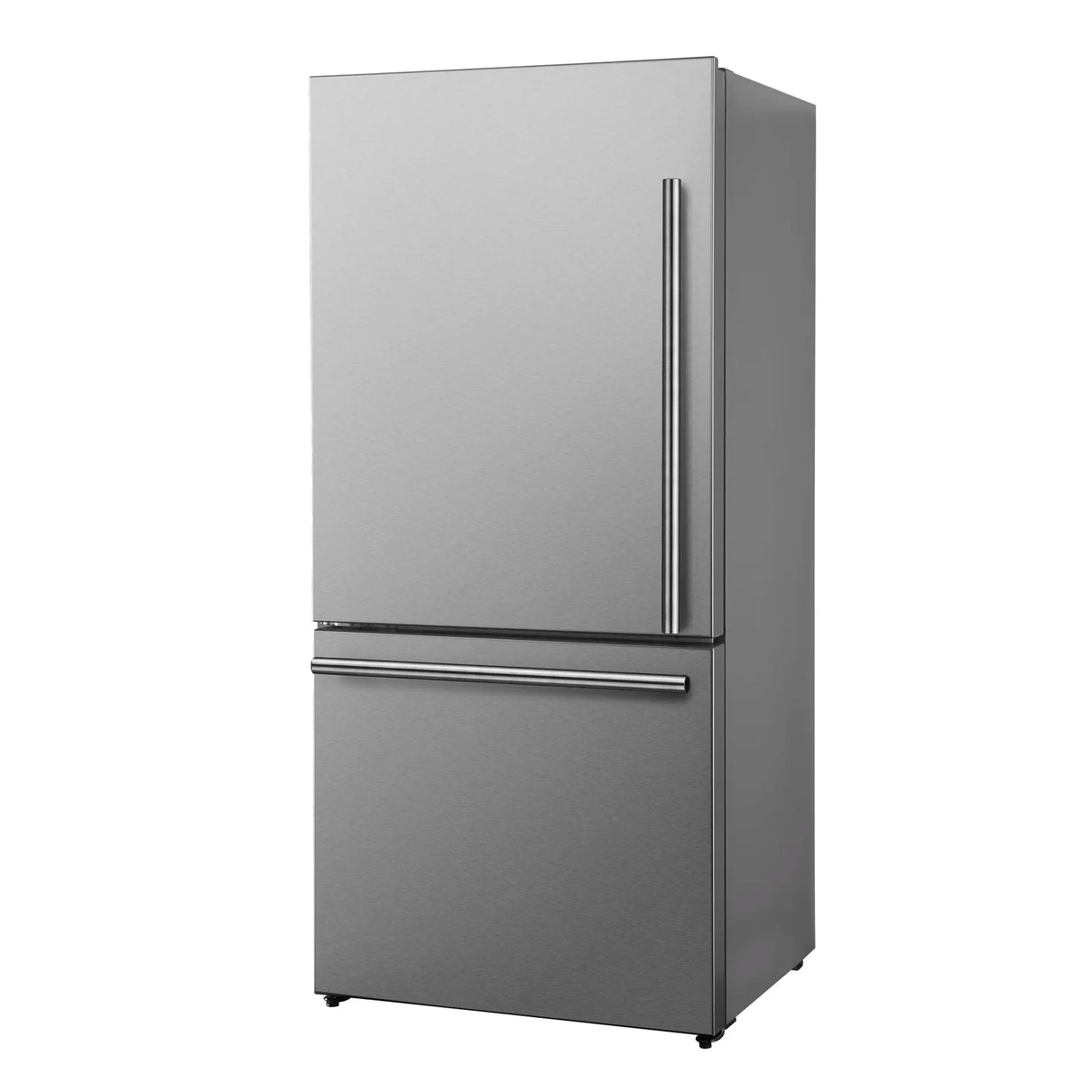Stainless steel freestanding dual bottom freezer refrigerator, two-door design with long handles