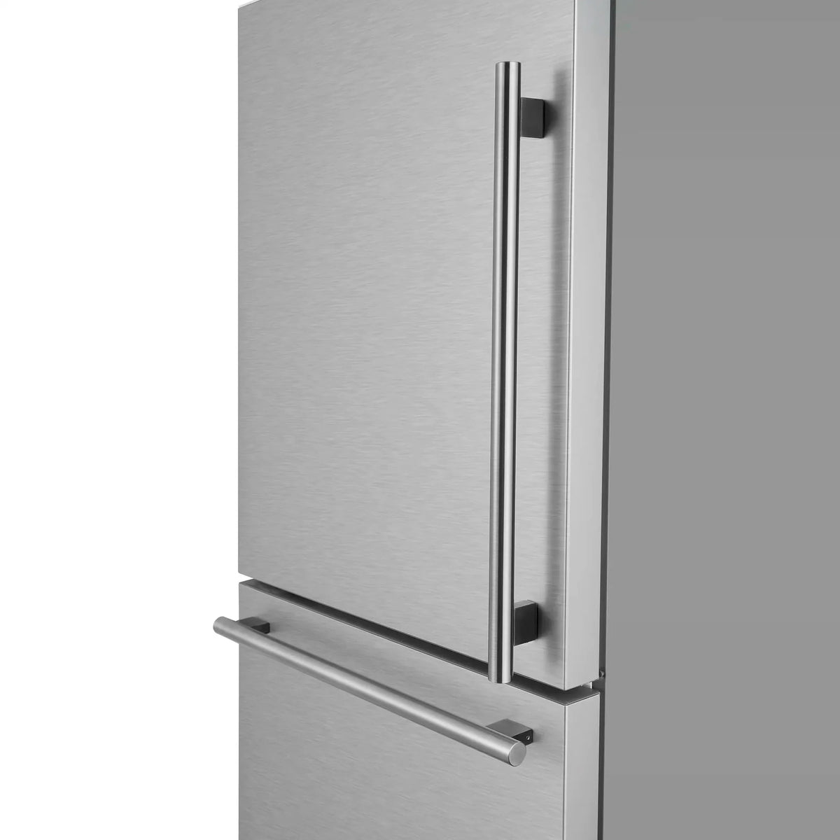 Stainless steel refrigerator door with vertical dispenser handle and horizontal freezer handle