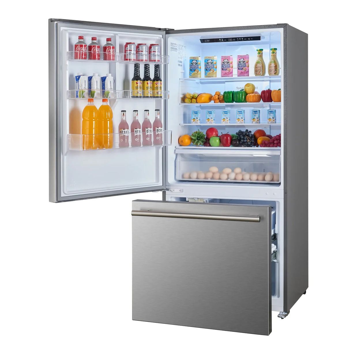 Stainless steel dual-bottom freezer refrigerator with open doors, shelves, and drawer