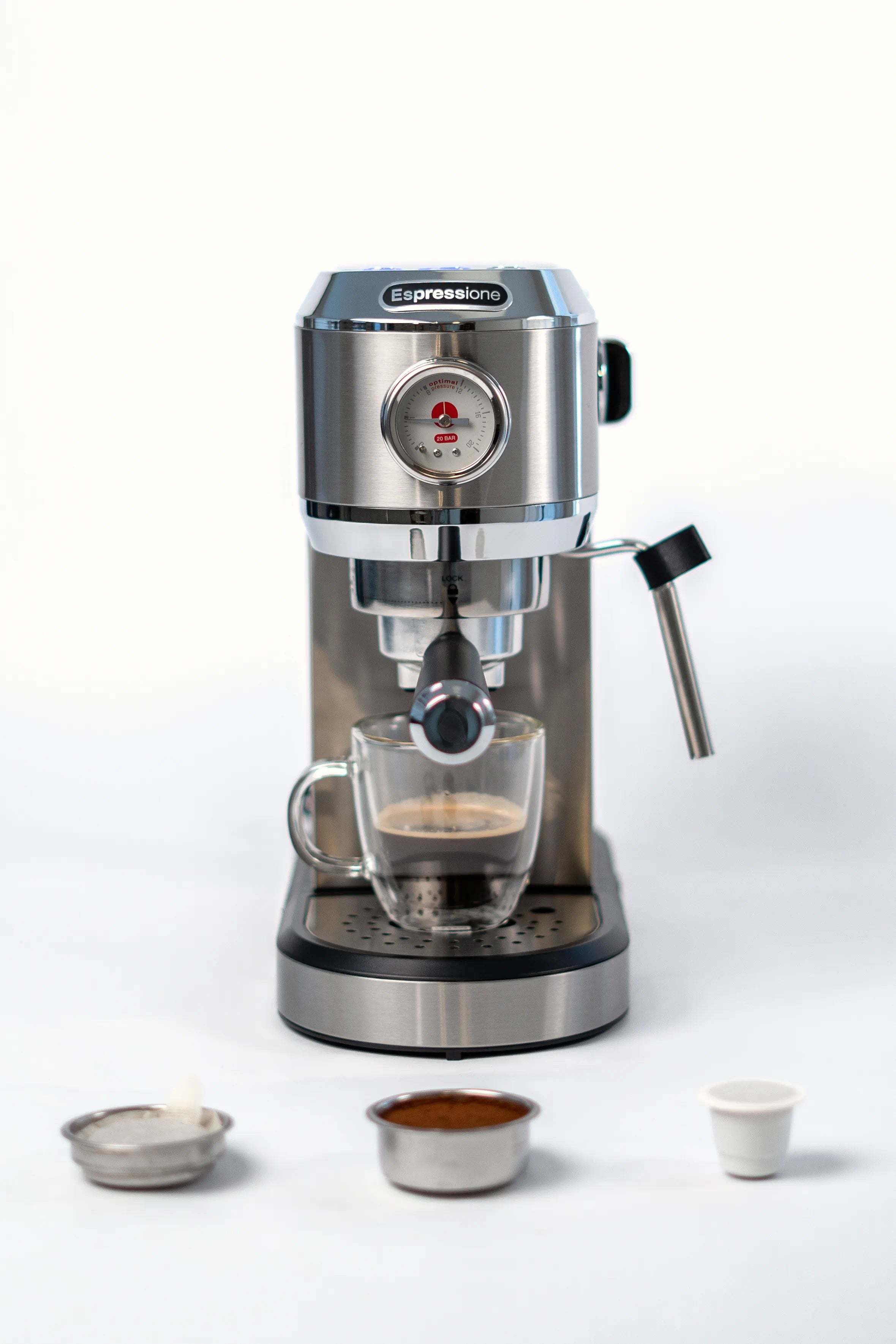Manual espresso coffee machine with frother, stainless steel body and drip tray
