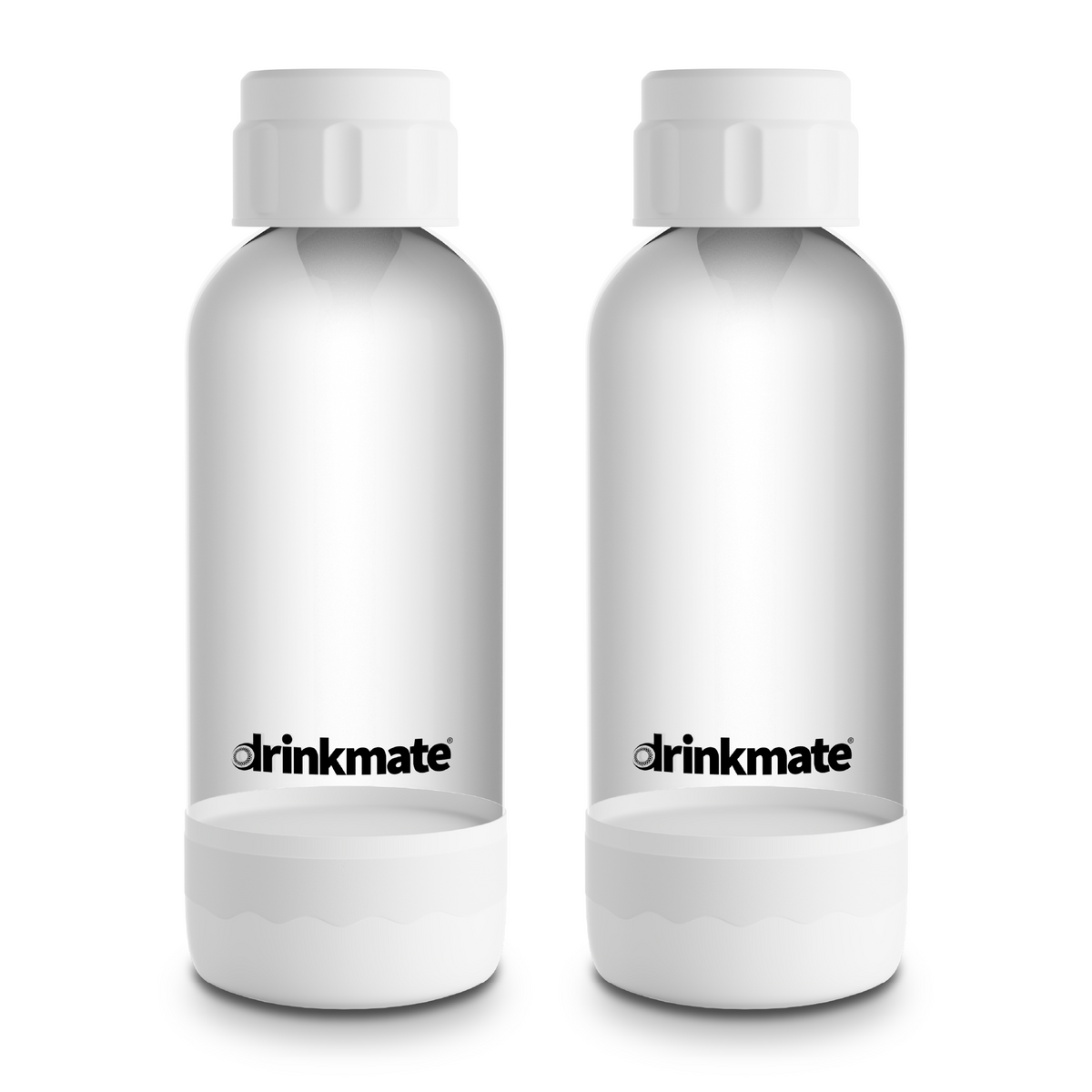 Drinkmate 0.5L BPA-free twin bottles in classic white, with white cap and base