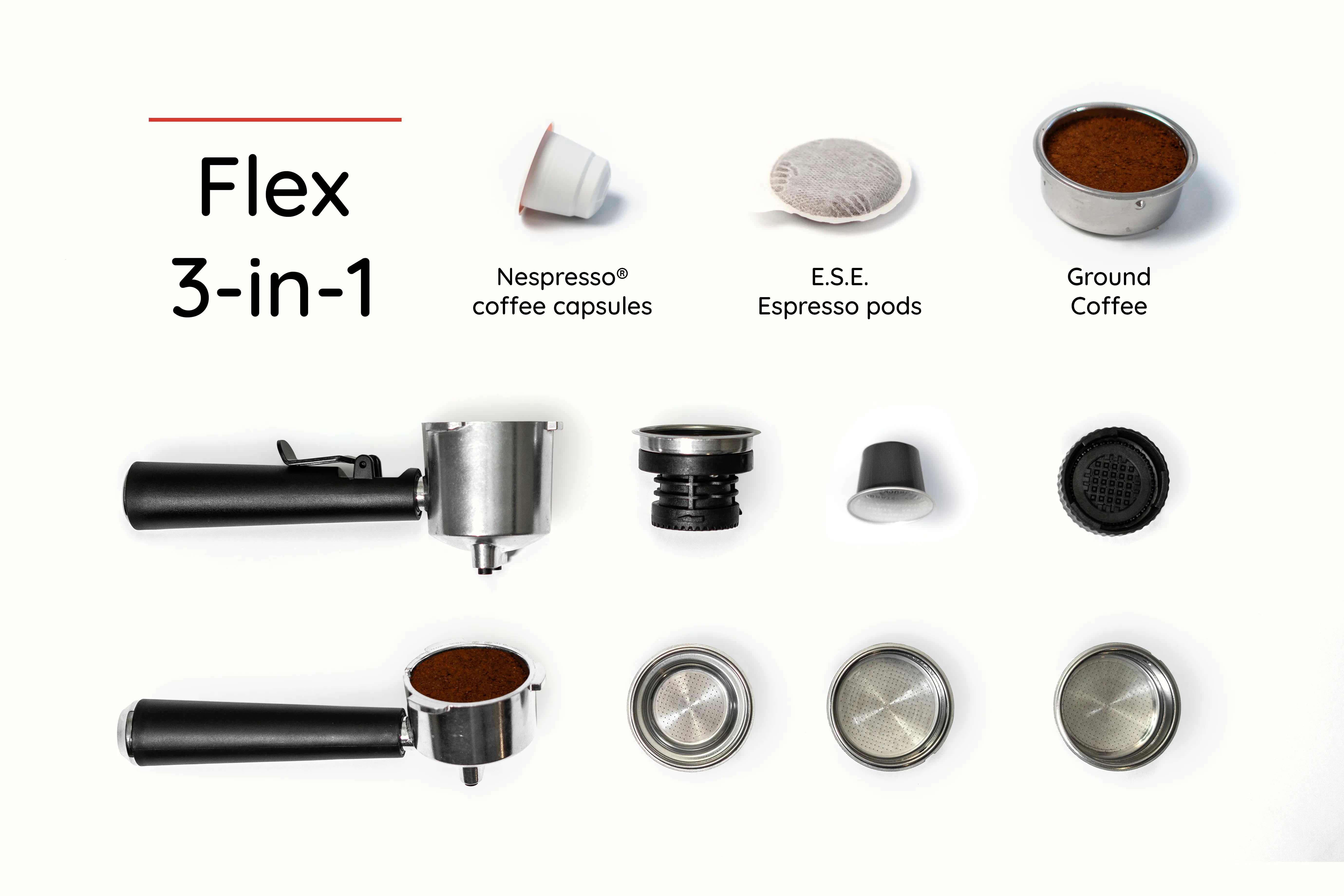 Flex 3-in-1 system accessories: Nespresso-style capsules, E.S.E pods, and ground coffee