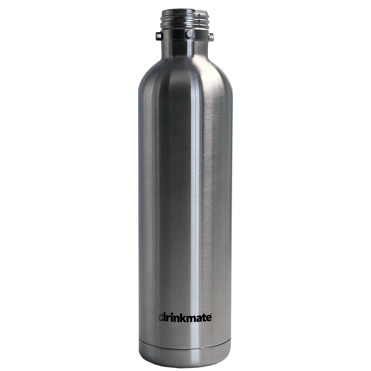 Stainless steel carbonation bottle with ribbed threaded neck and Drinkmate logo