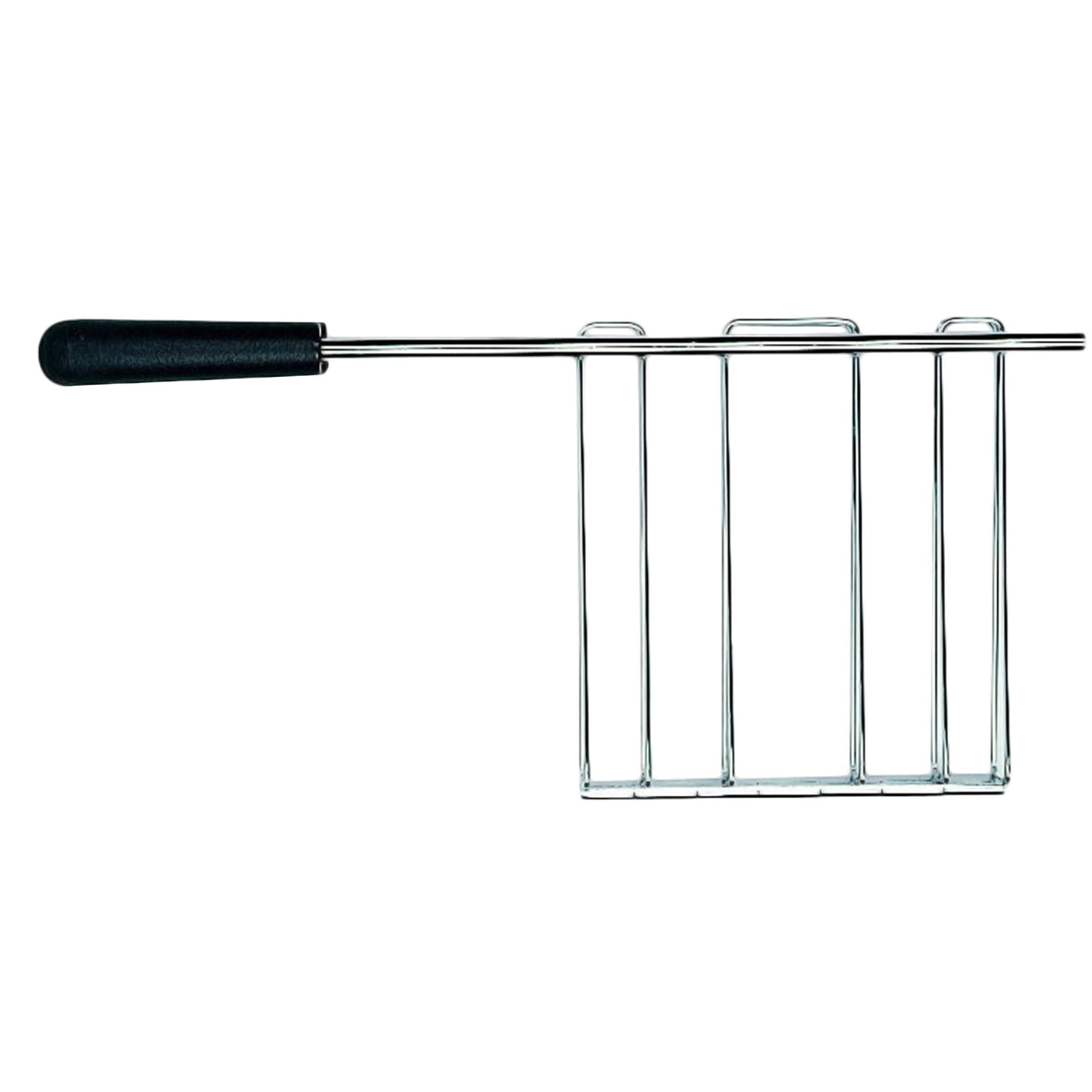 Metal sandwich toaster cage rack with black handle bar and vertical grid