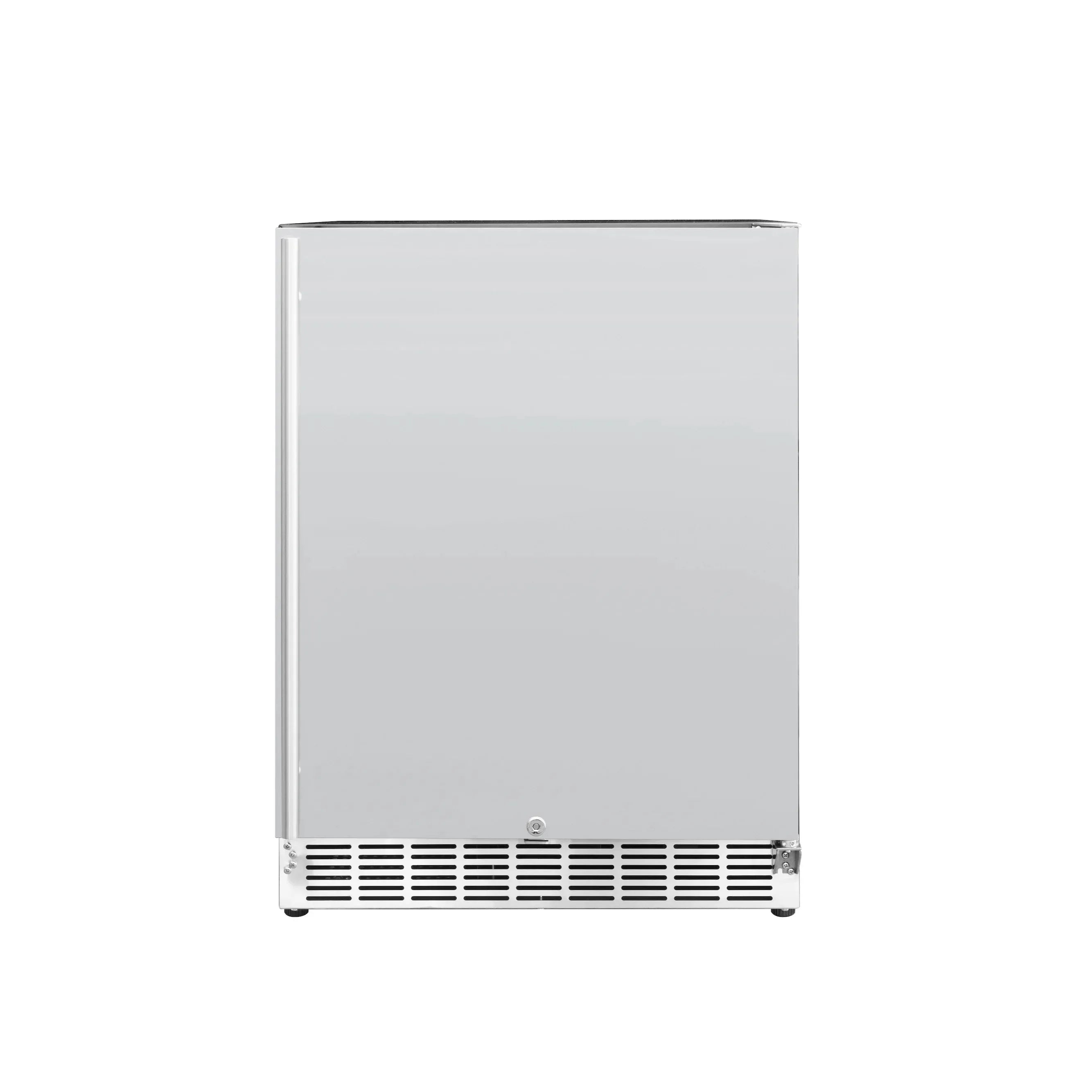White outdoor beverage fridge with smooth door and vented grille at bottom