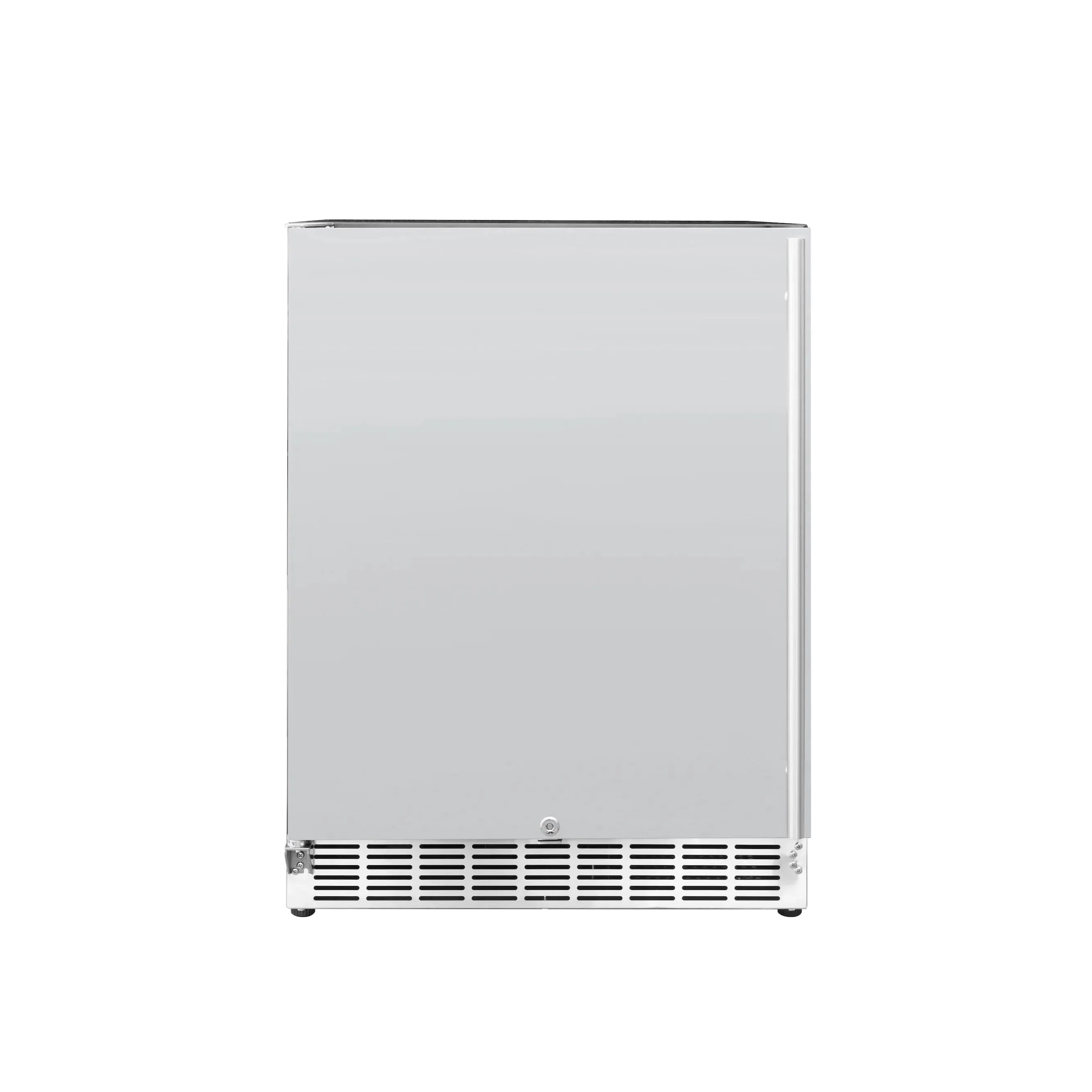 Outdoor refrigerator front view with bottom vent, stainless steel body