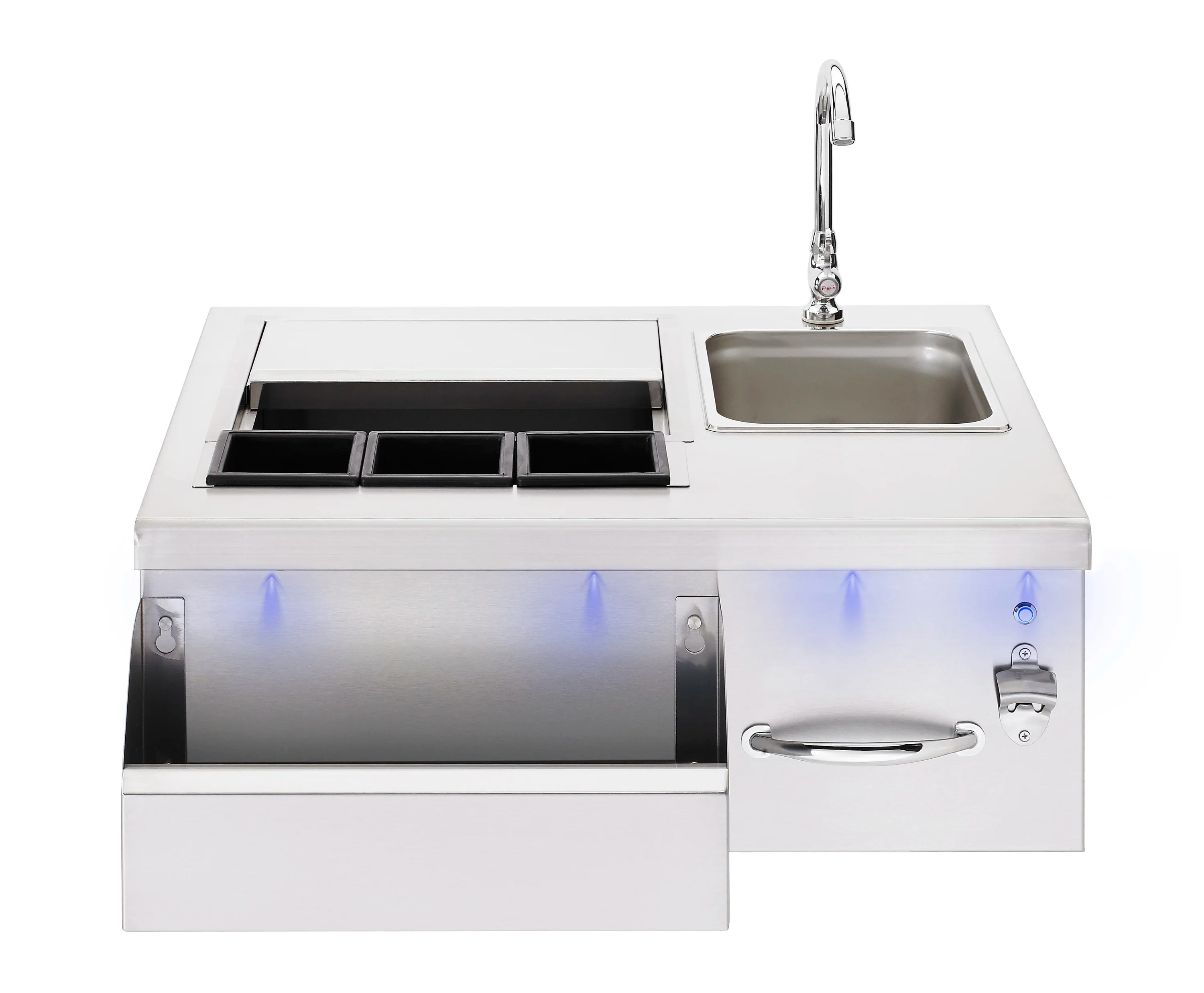 Stainless steel prep station with sink, faucet, and black griddle inserts