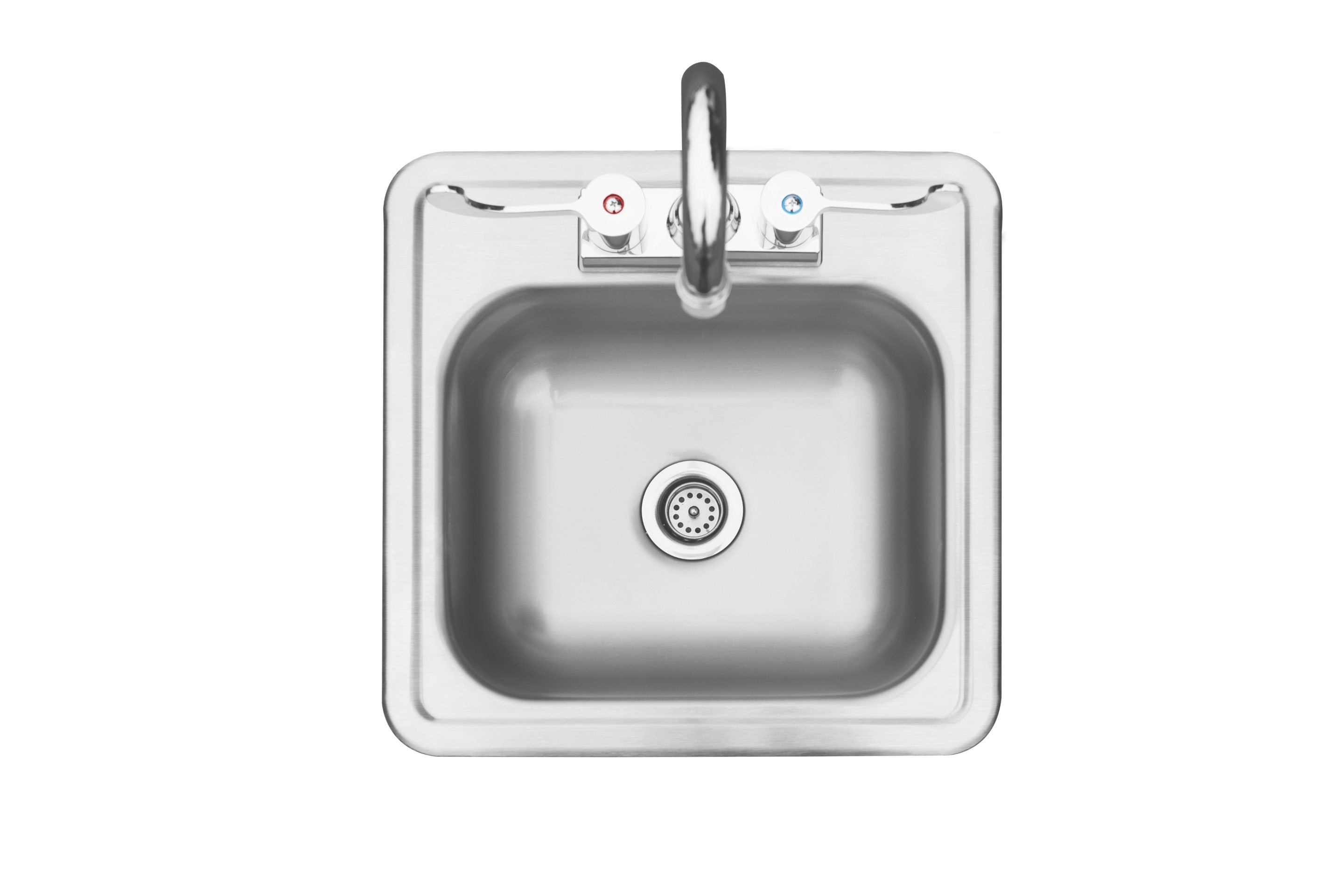 Stainless drop-in sink with single square basin and wall-mounted faucet