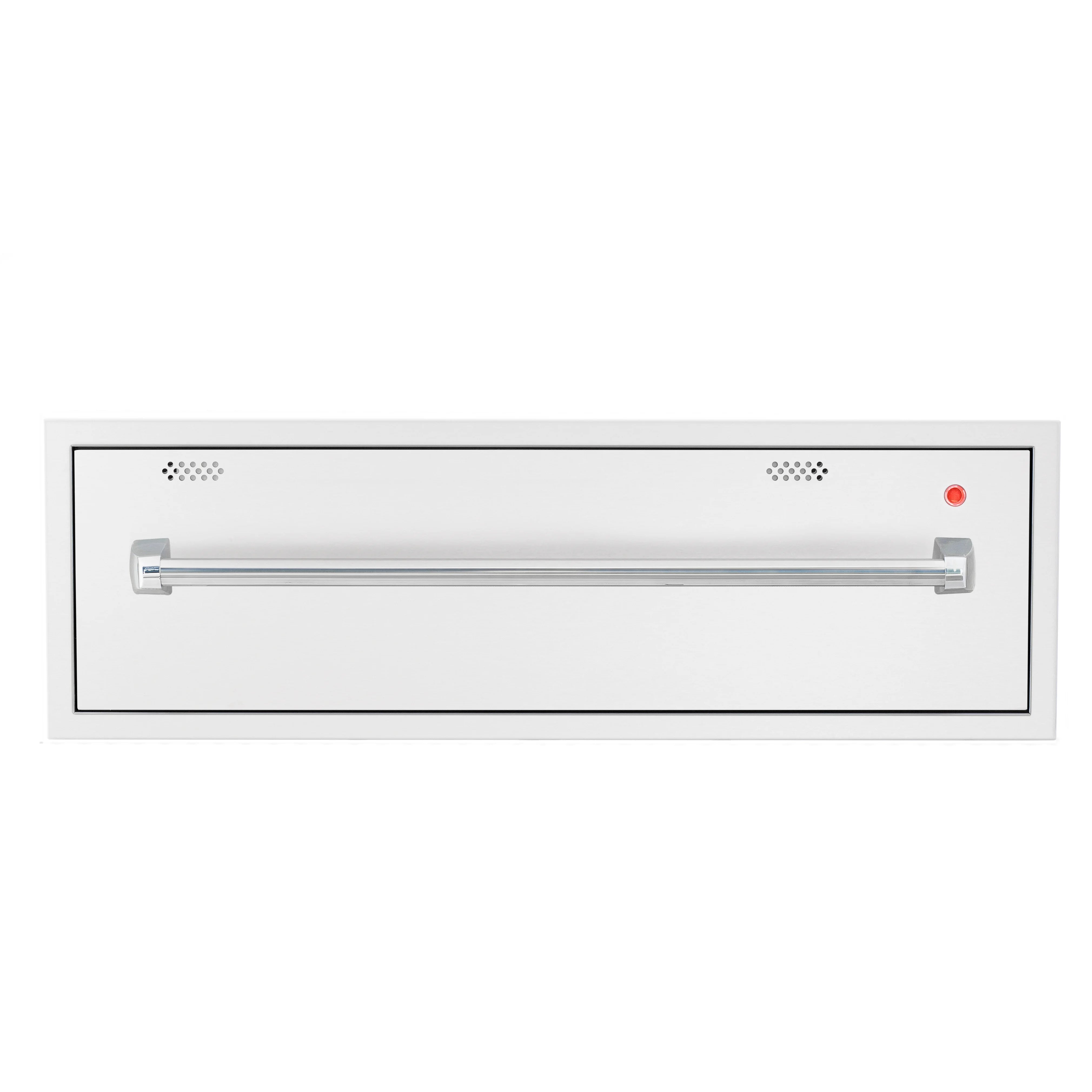 36-inch warming drawer with double chrome pull handle and red indicator button