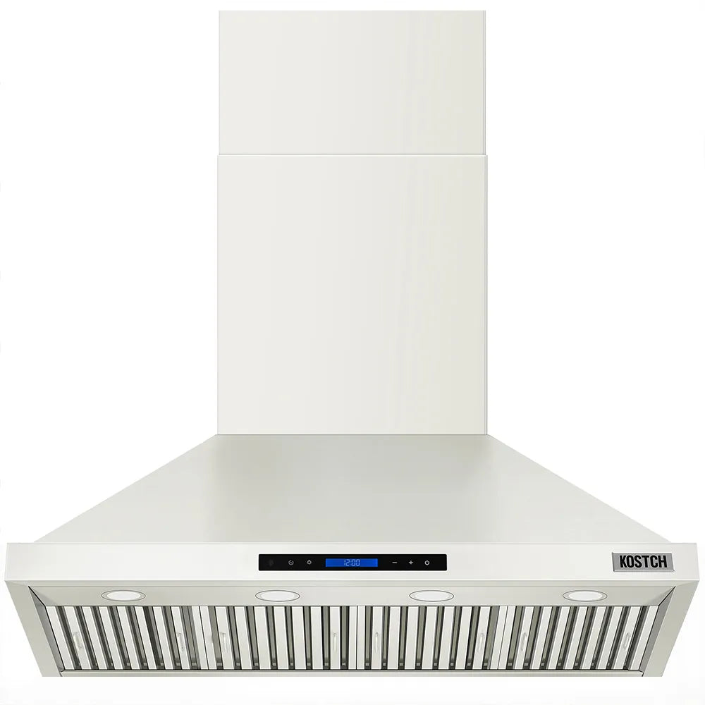 White wall-mounted range hood with vented grille and three circular light ports