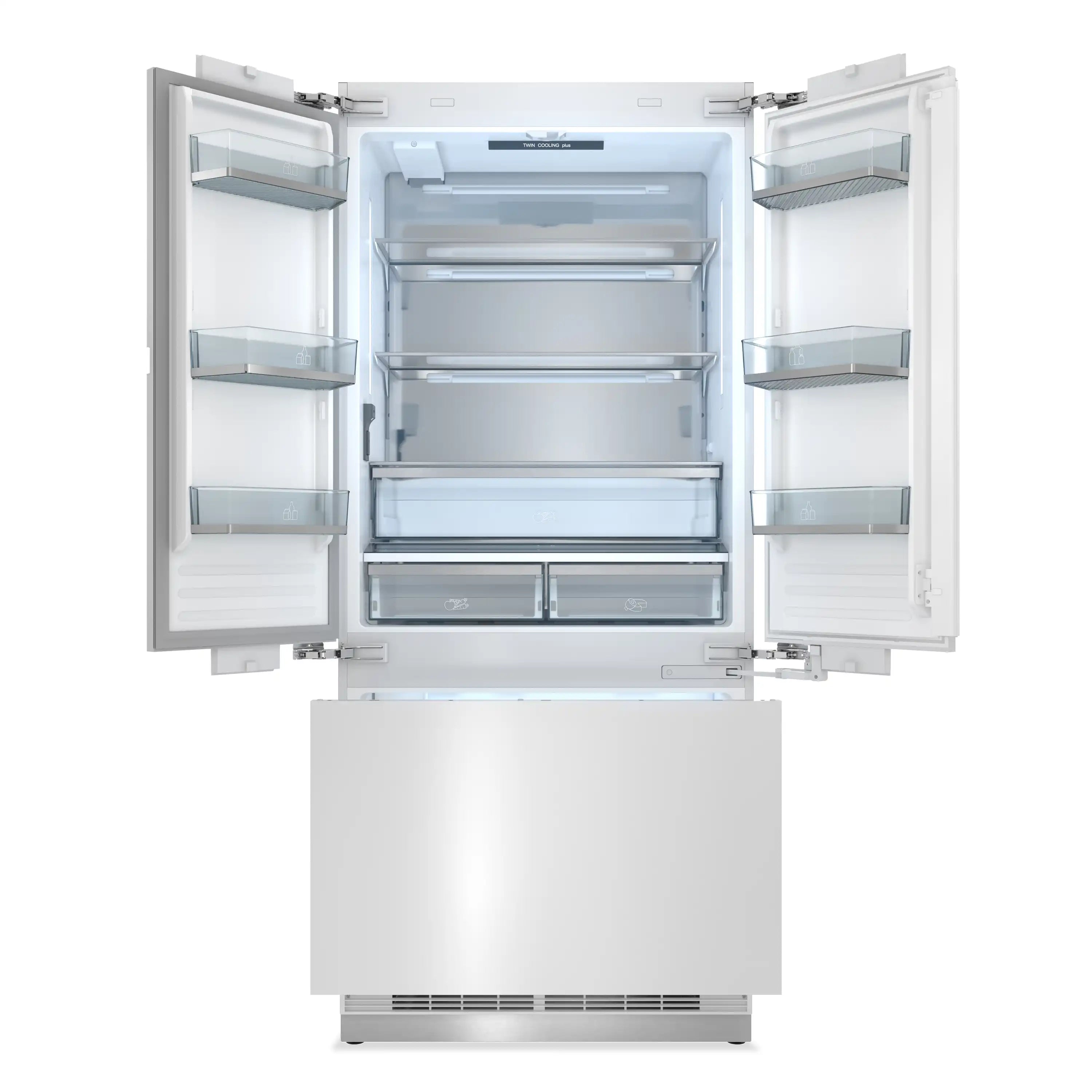 Panel-ready refrigerator with both compartments open, adjustable shelves and freezer drawers