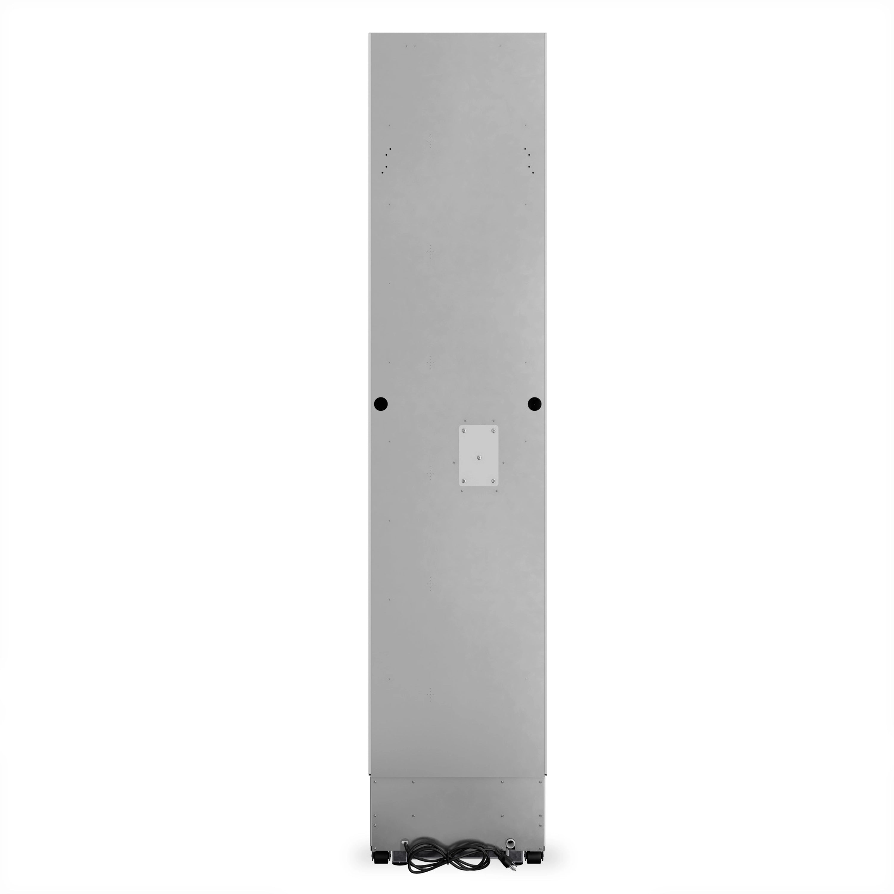 Stainless steel upright freezer, rear panel with service ports and caster feet