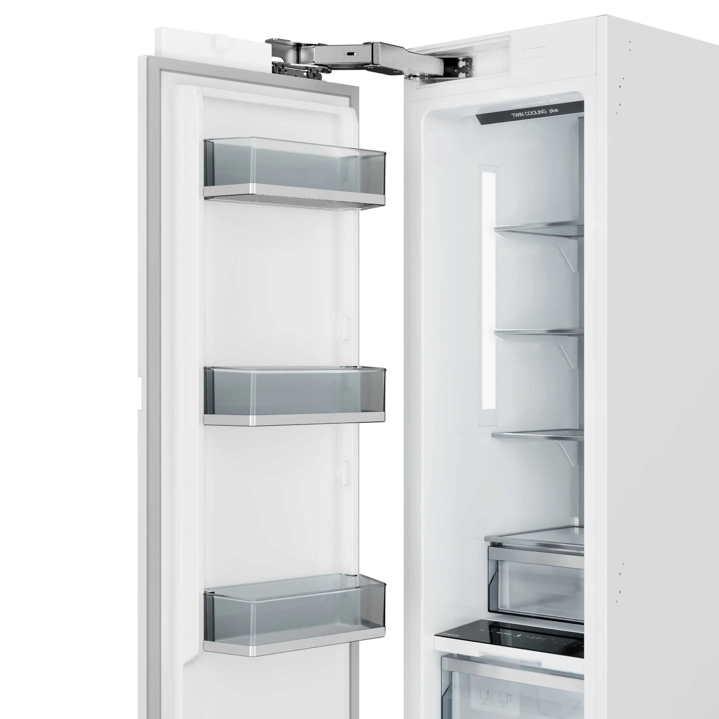 Open built-in refrigerator compartment with clear shelves and door-mounted bins