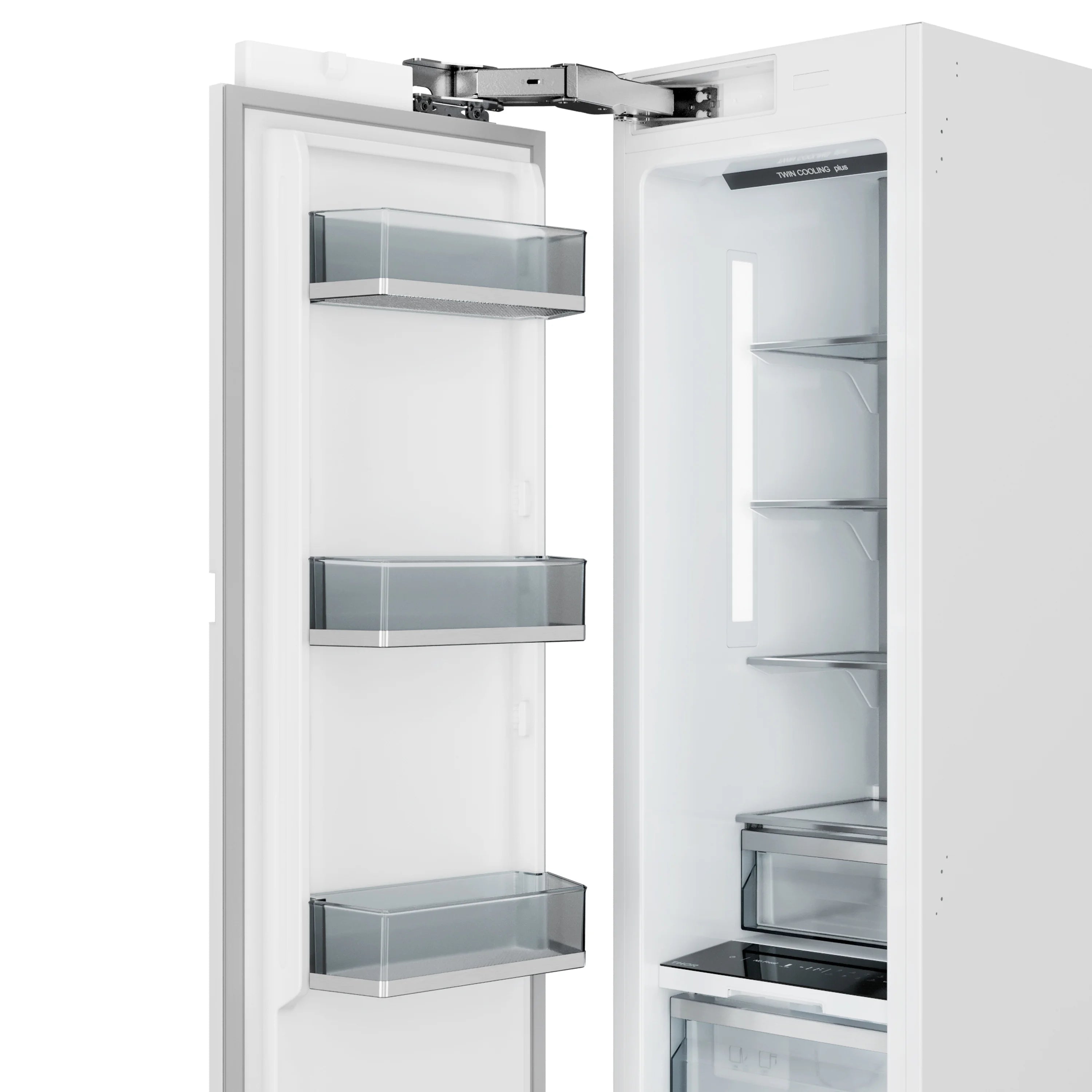 Column freezer with door open, shelves and drawers visible inside