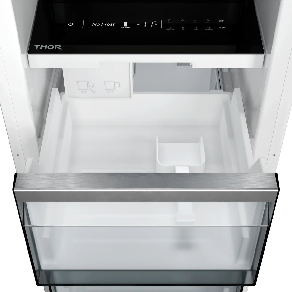 No Frost freezer compartment with empty drawer and frosted interior shelves