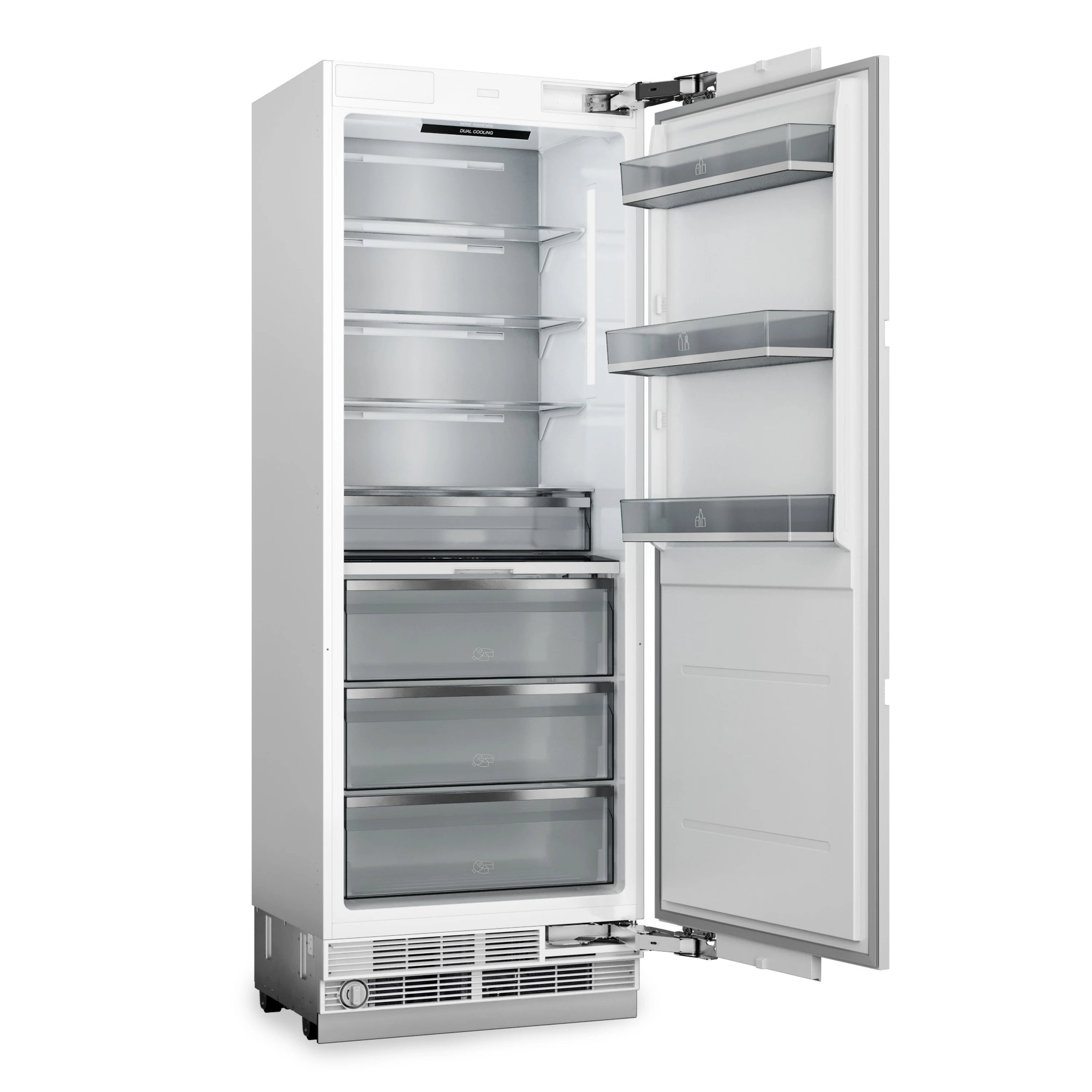 Opened column refrigerator showing shelves, drawers, and interior lighting