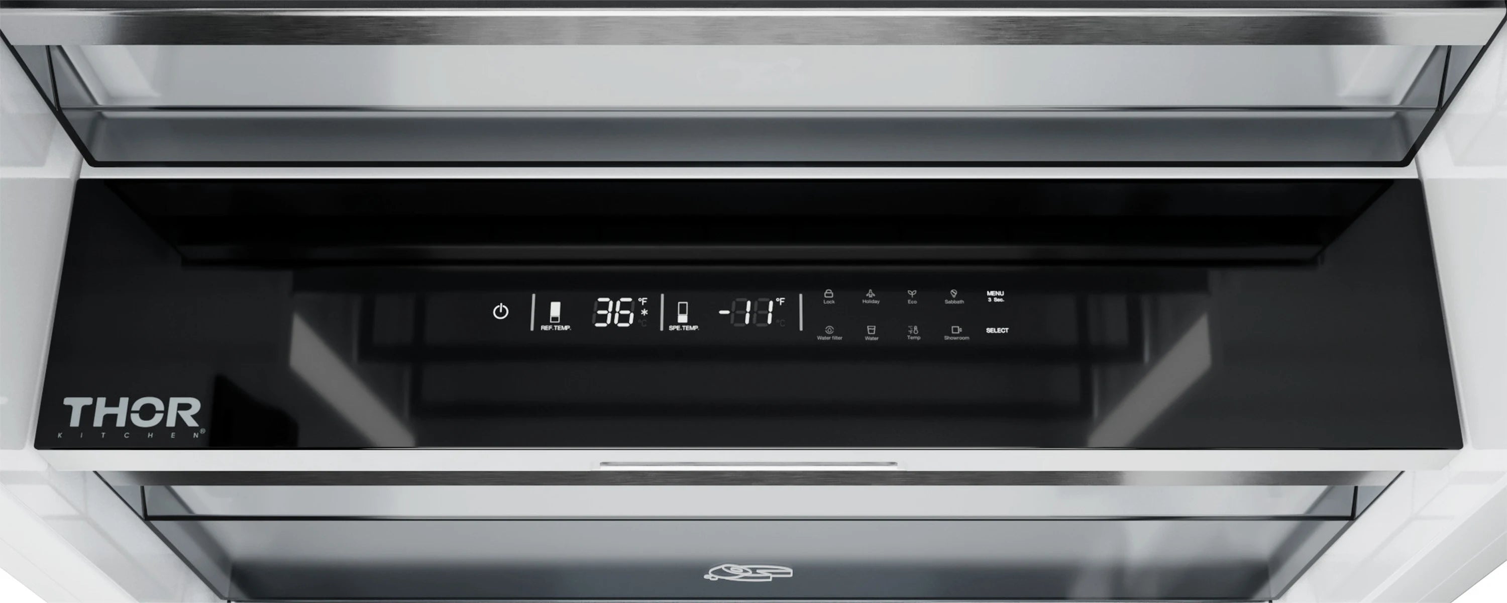 Panel-ready column refrigerator control panel with LED display and THOR logo