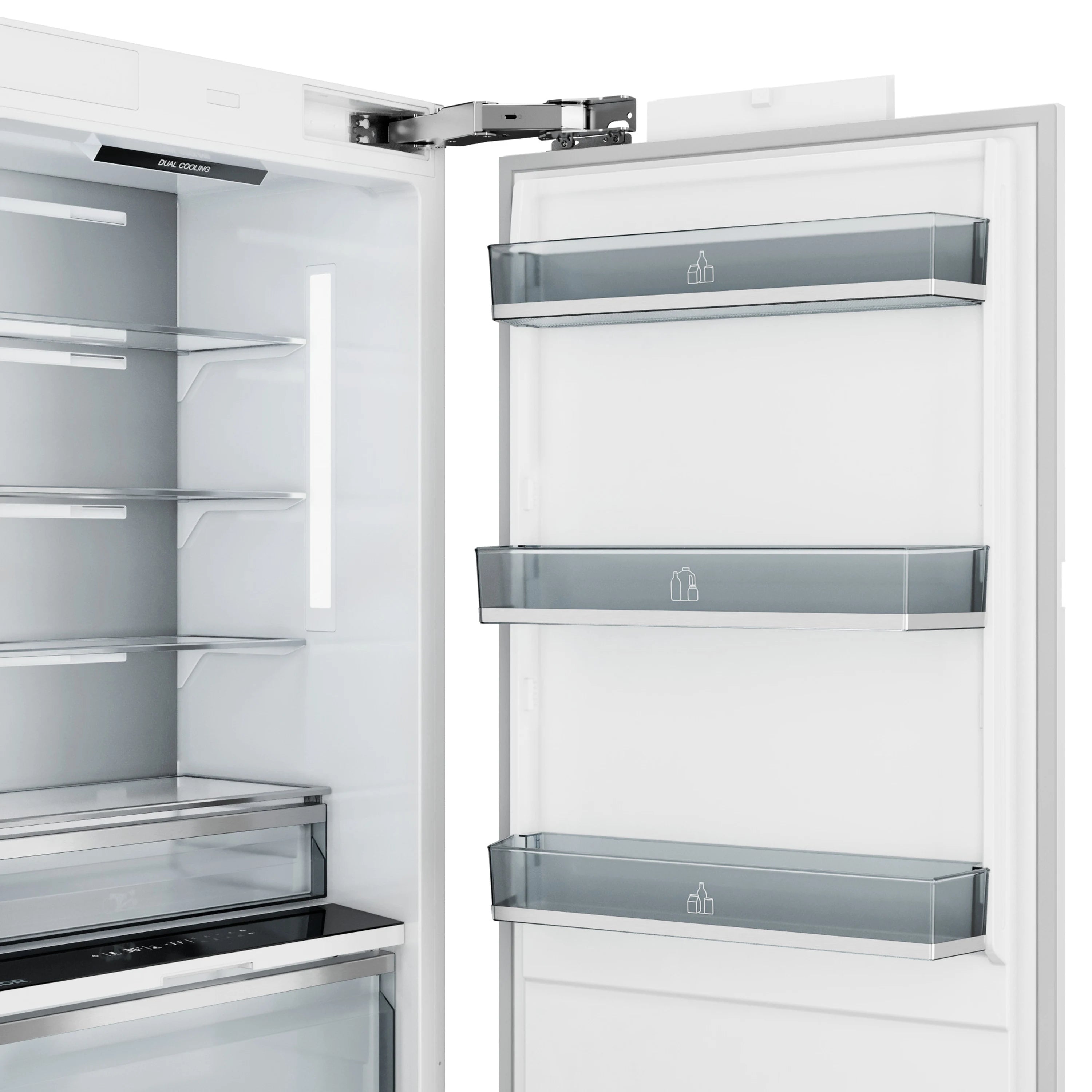 Panel-ready column refrigerator with open door and glass shelves, internal dispenser area visible