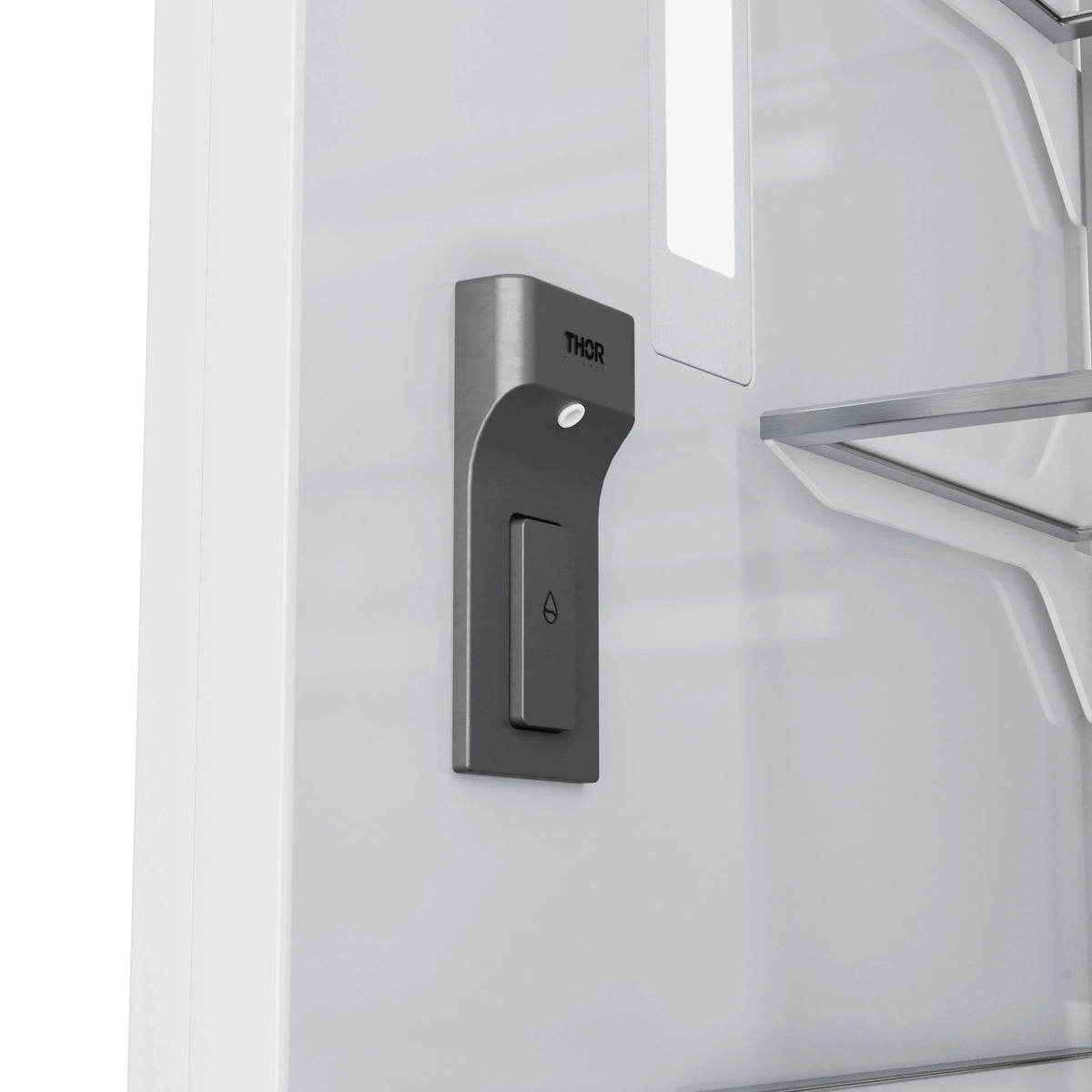 Interior-mounted water dispenser on white refrigerator door liner