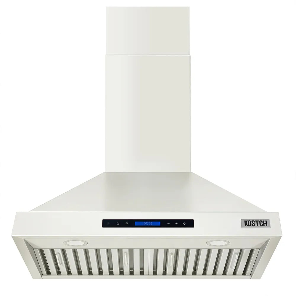 White convertible range hood with vent grille and two circular light openings