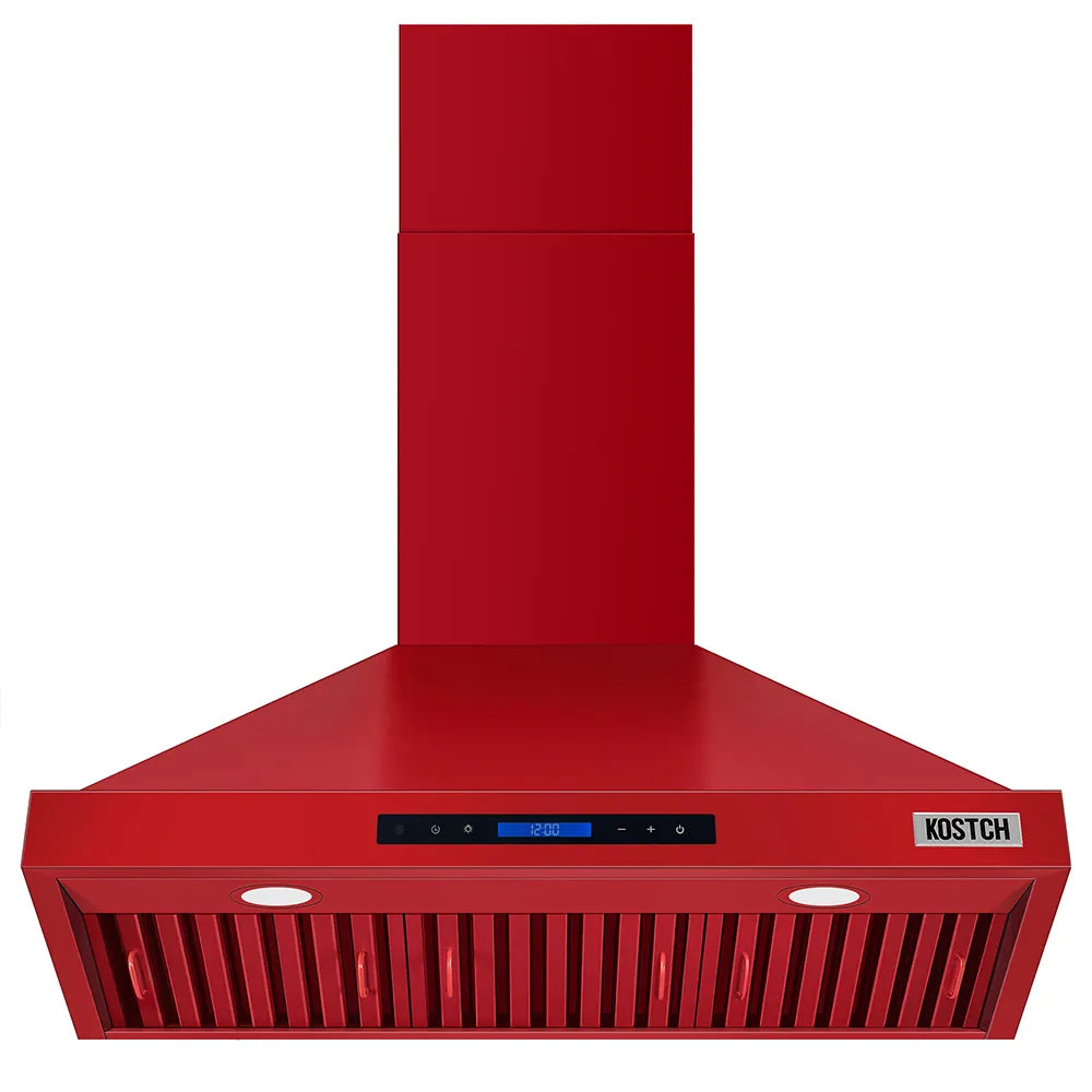 Red convertible wall-mounted range hood with stainless baffle filters and control panel