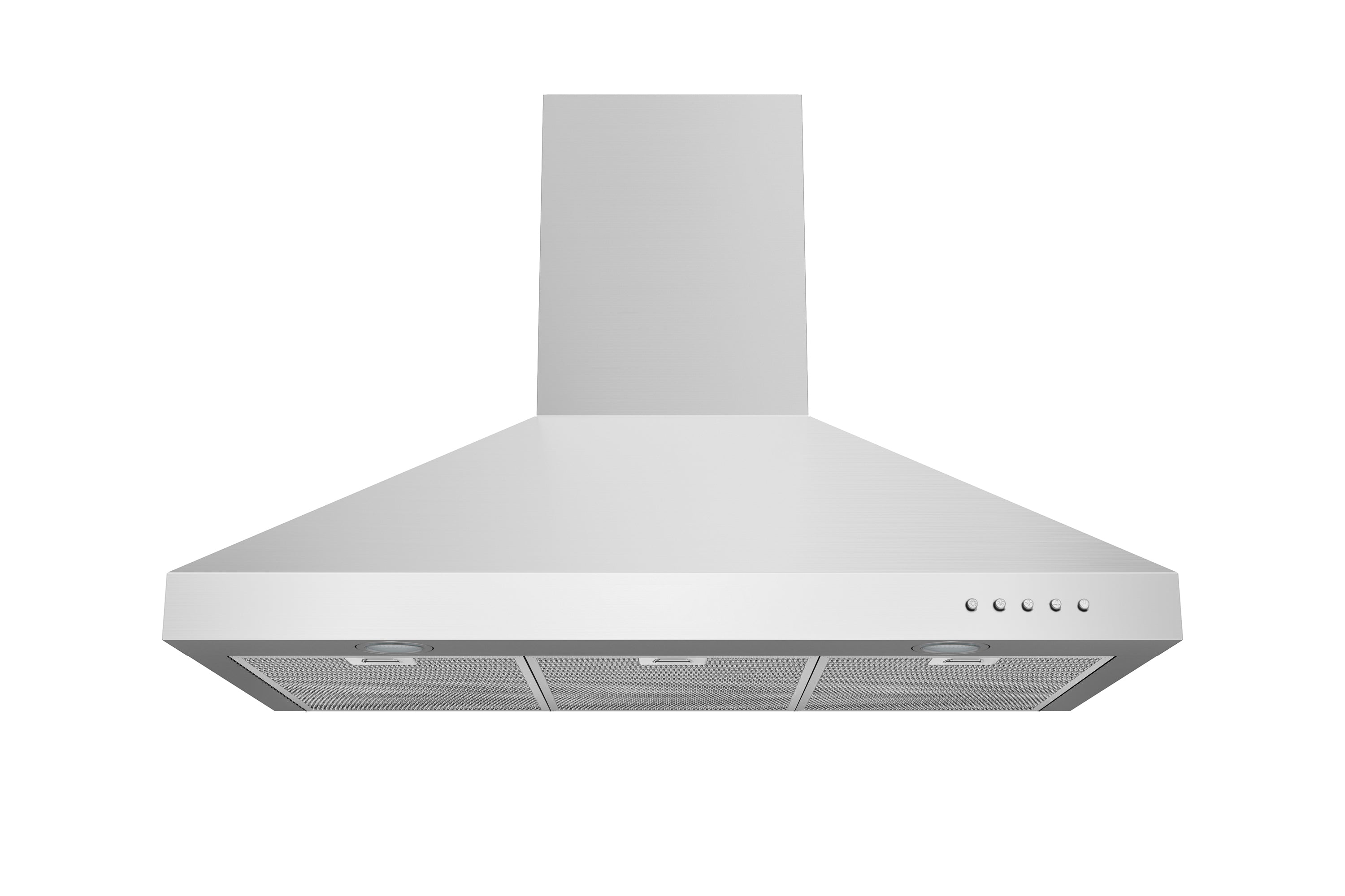 Stainless steel wall mount range hood with front vent and row of control icons