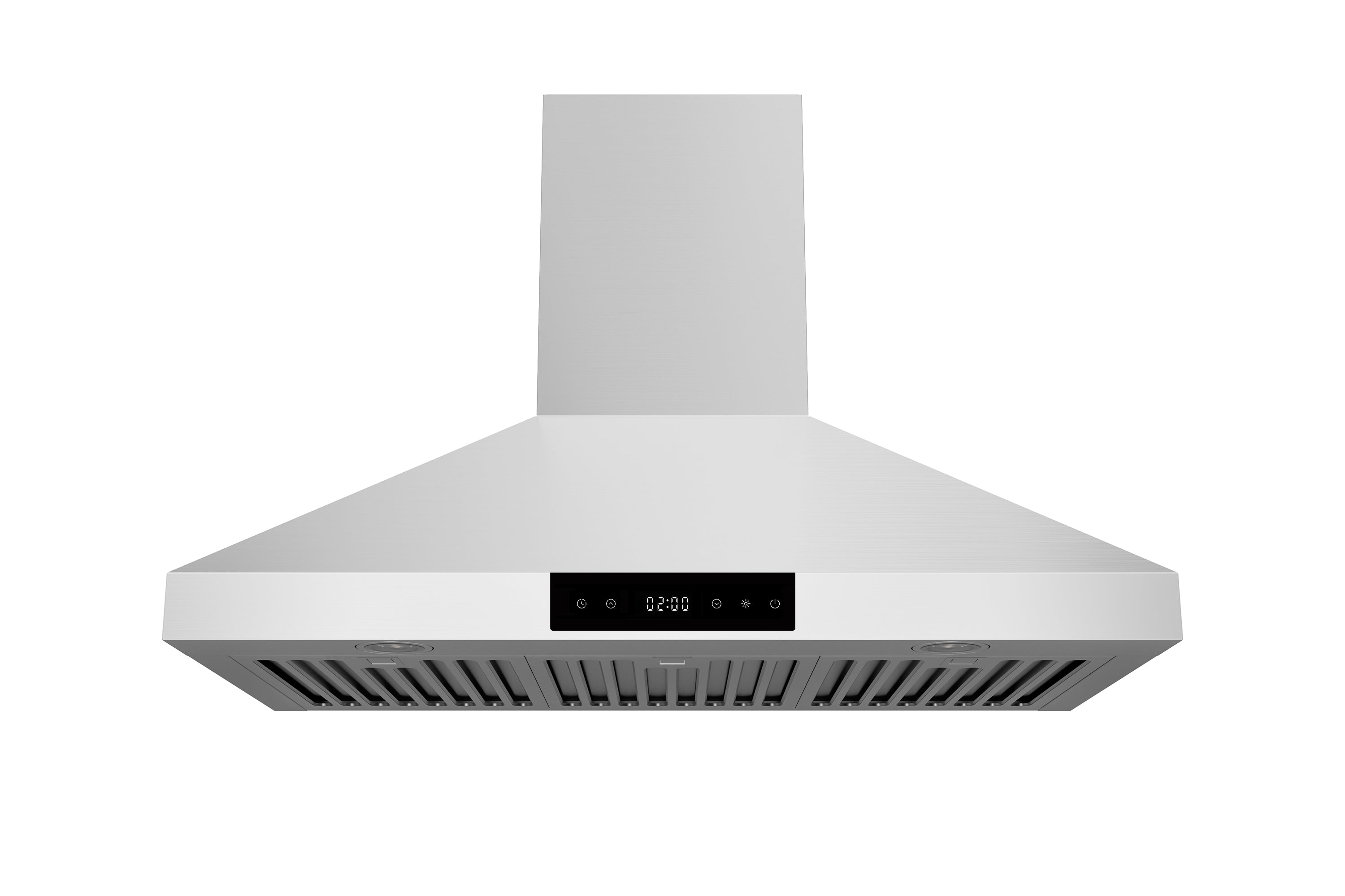 Wall-mount range hood in matte white with touch control panel and vent grille