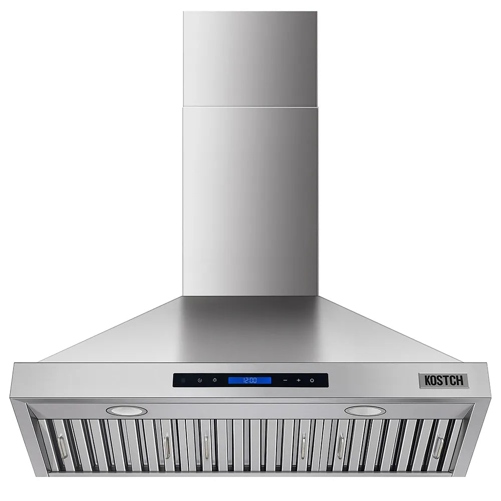 Stainless steel convertible wall-mounted range hood with mesh filter grille and control panel