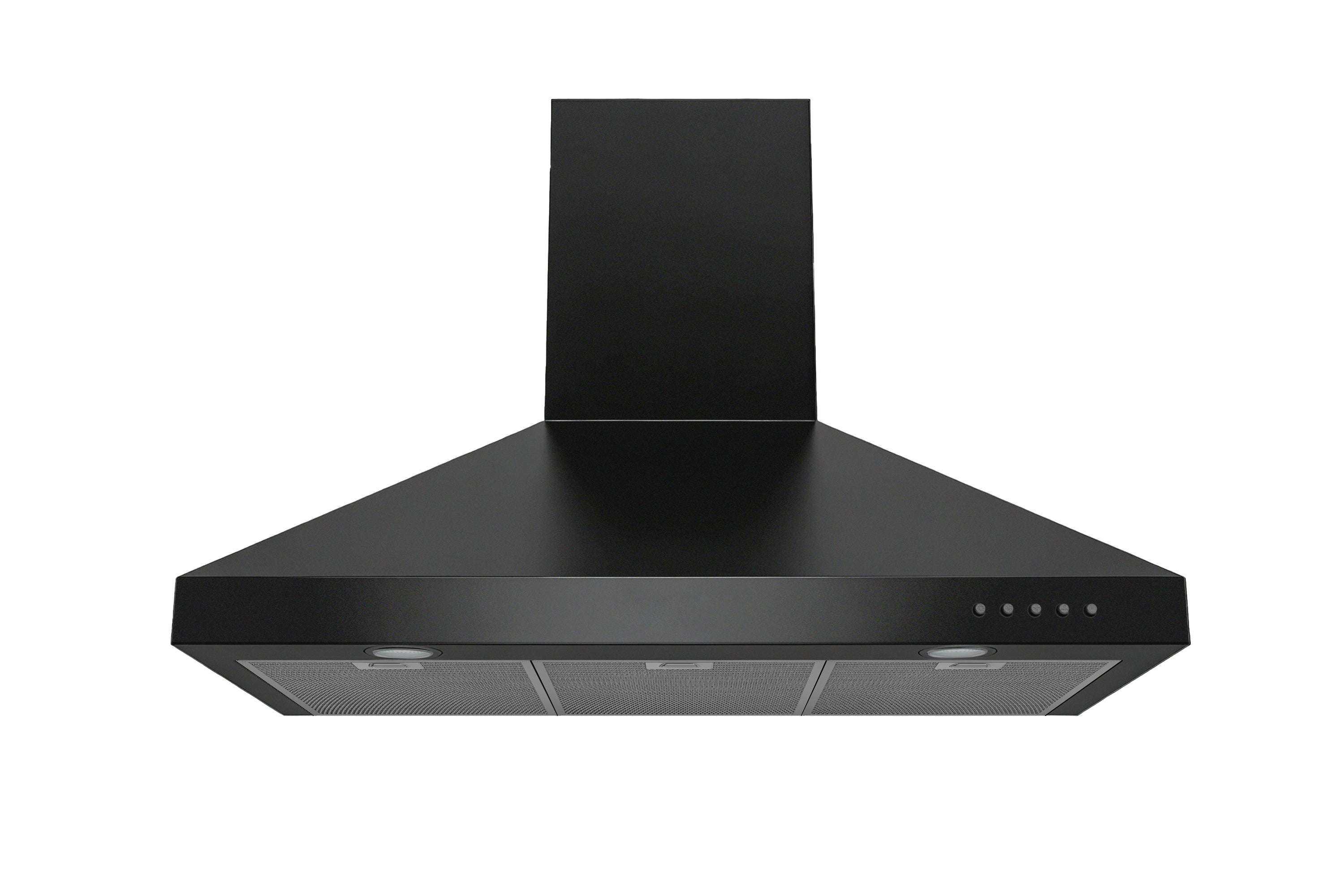 Matte black wall mount range hood with front vent and underside lights