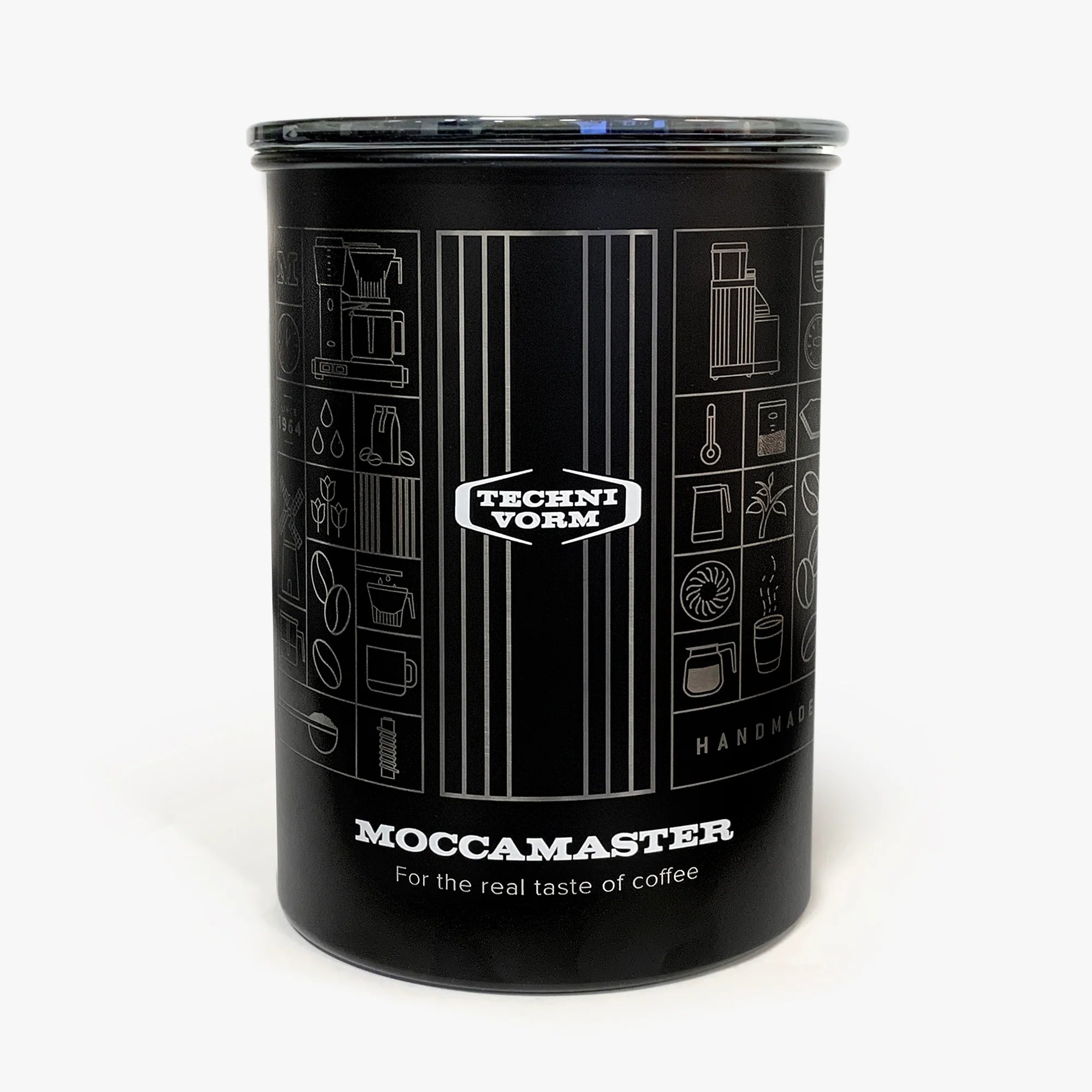 Black coffee canister with TECHNIVORM badge on front and decorative icon patterns