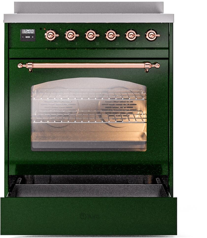 Induction range with open oven door and clear glass, revealing baking racks