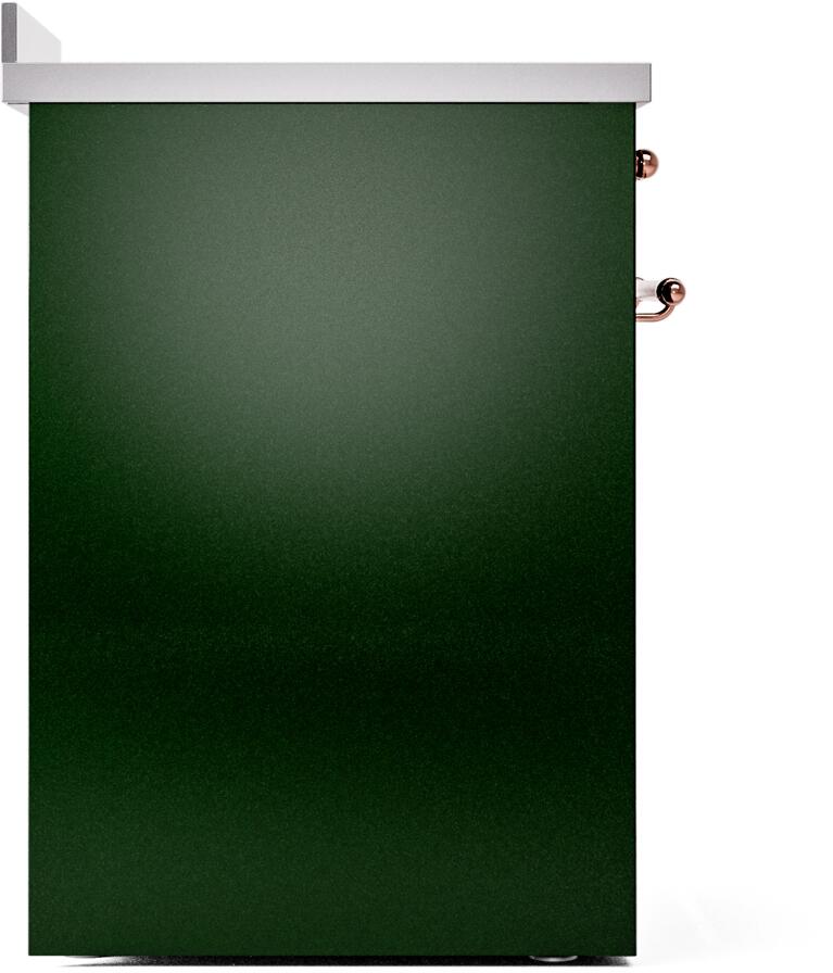 Emerald green side panel of freestanding induction range with copper handle hardware