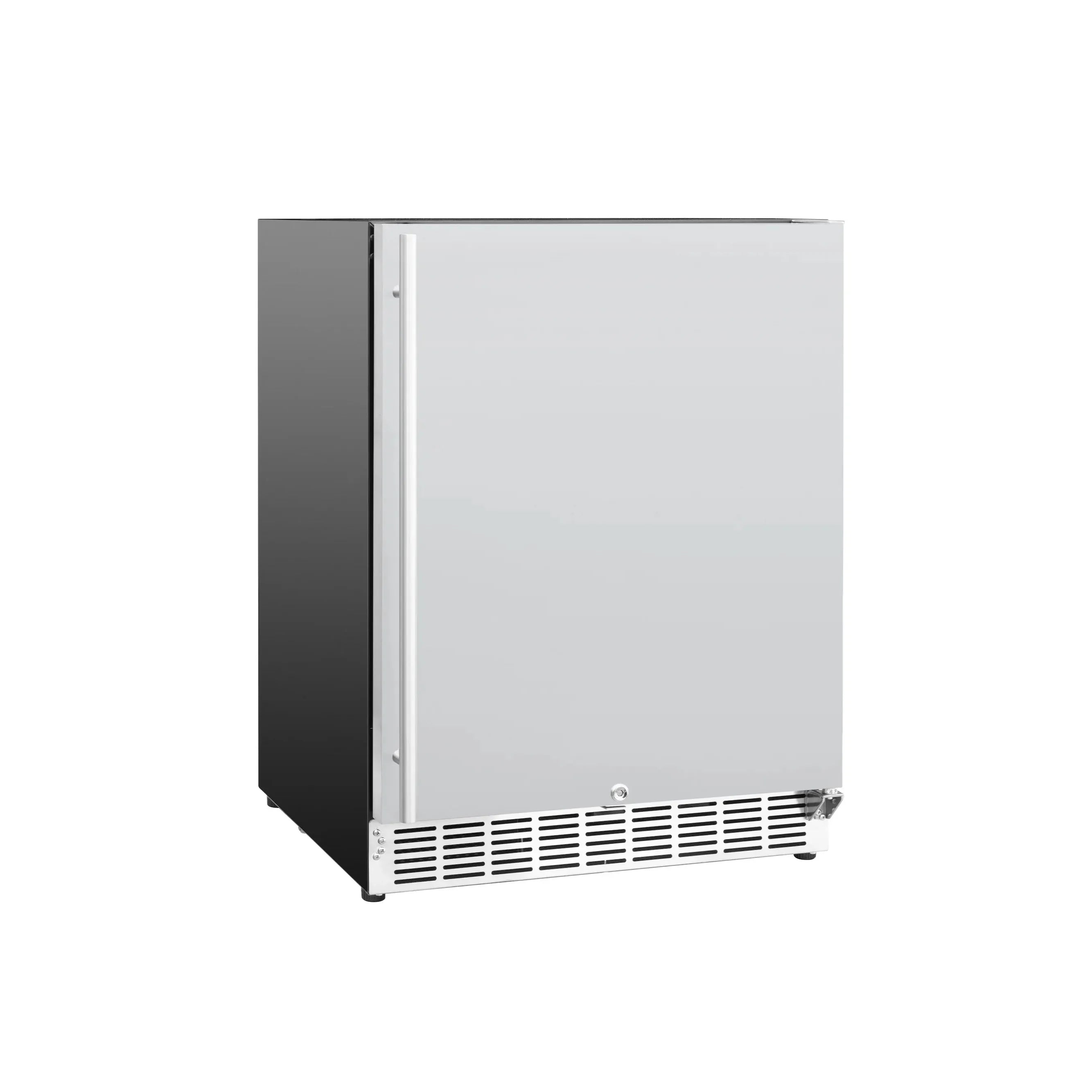 Outdoor beverage fridge with closed white door and vented base front