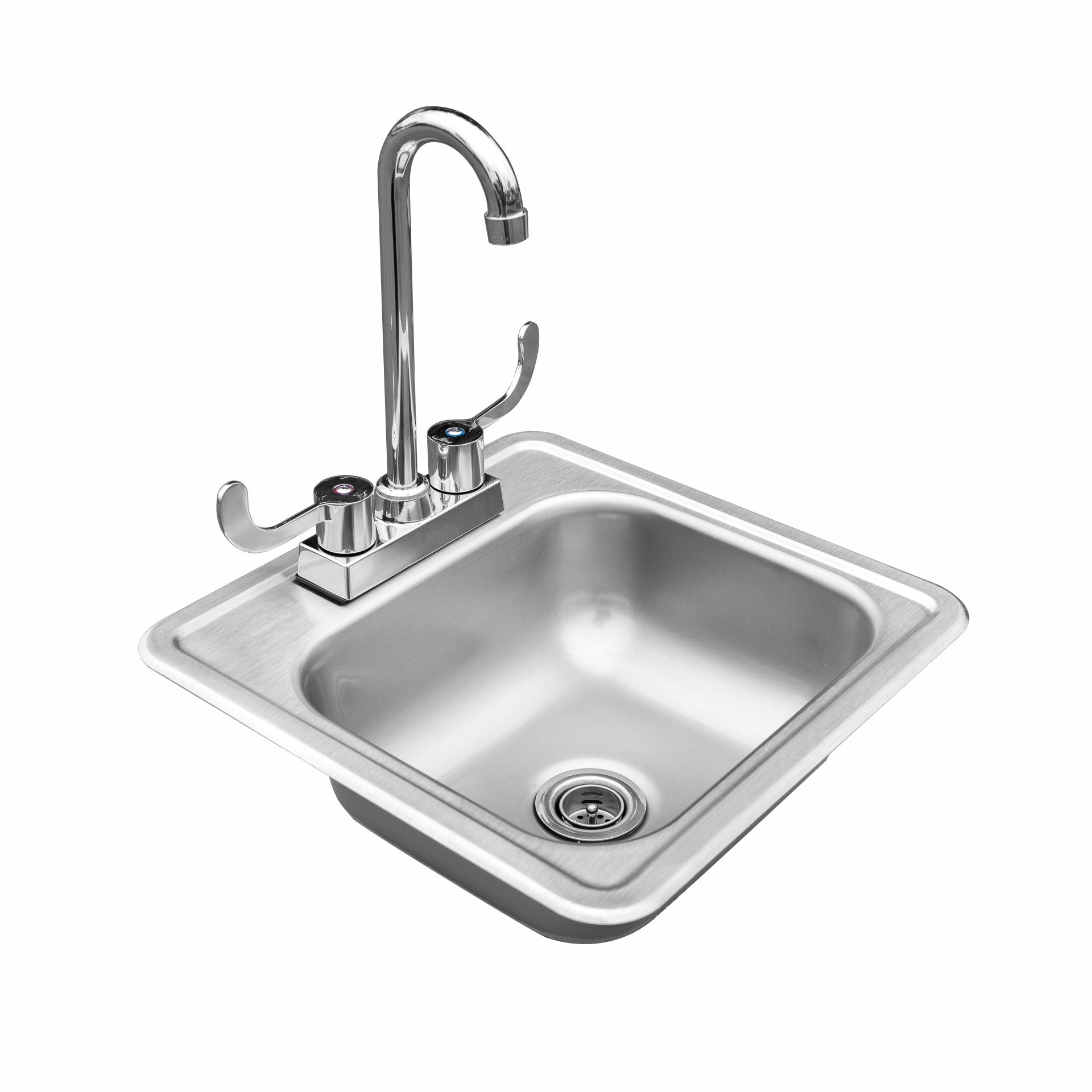 Stainless single-basin drop-in sink with tall chrome faucet and round drain