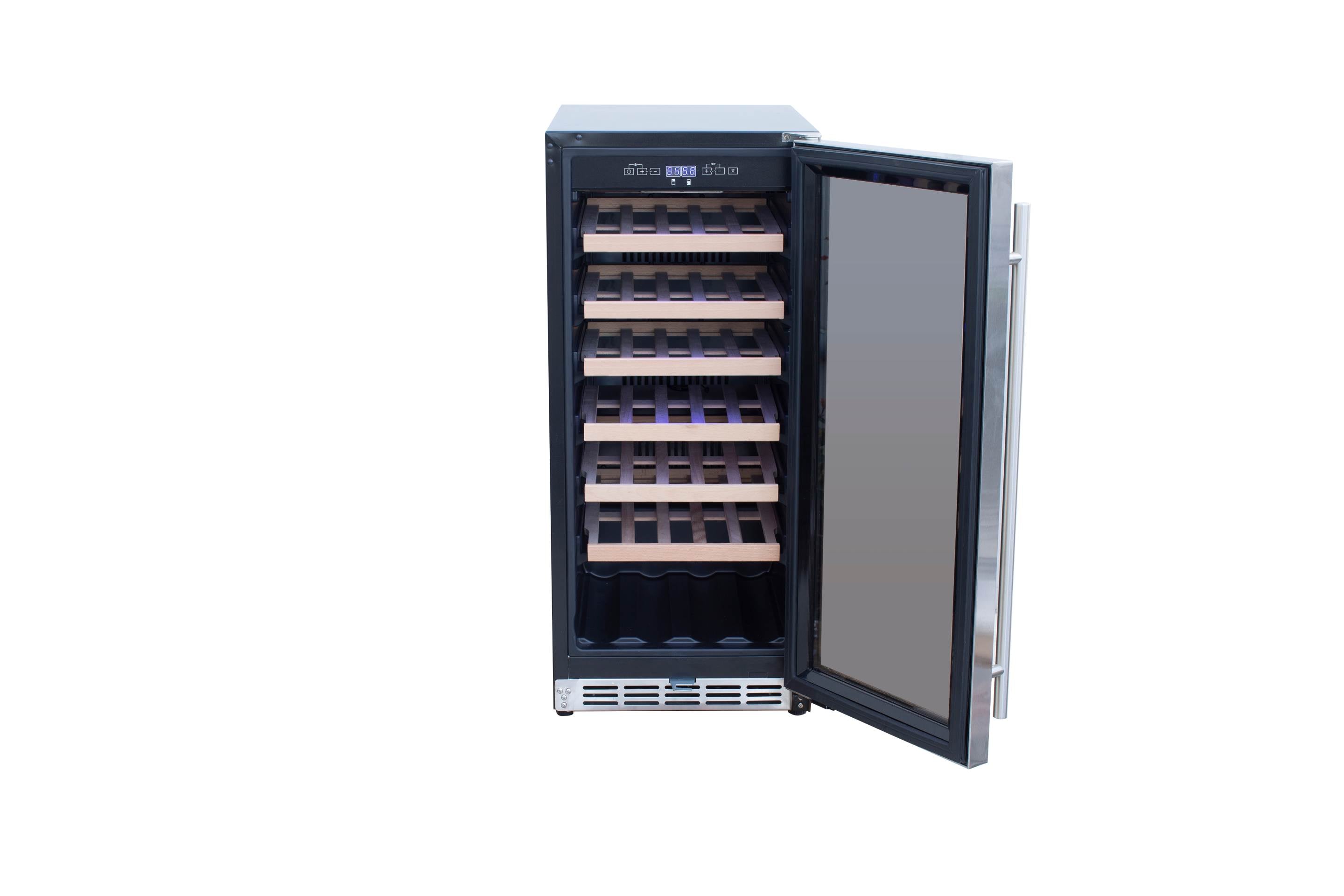 Stainless steel outdoor wine cooler with open door, black interior, and wine shelves