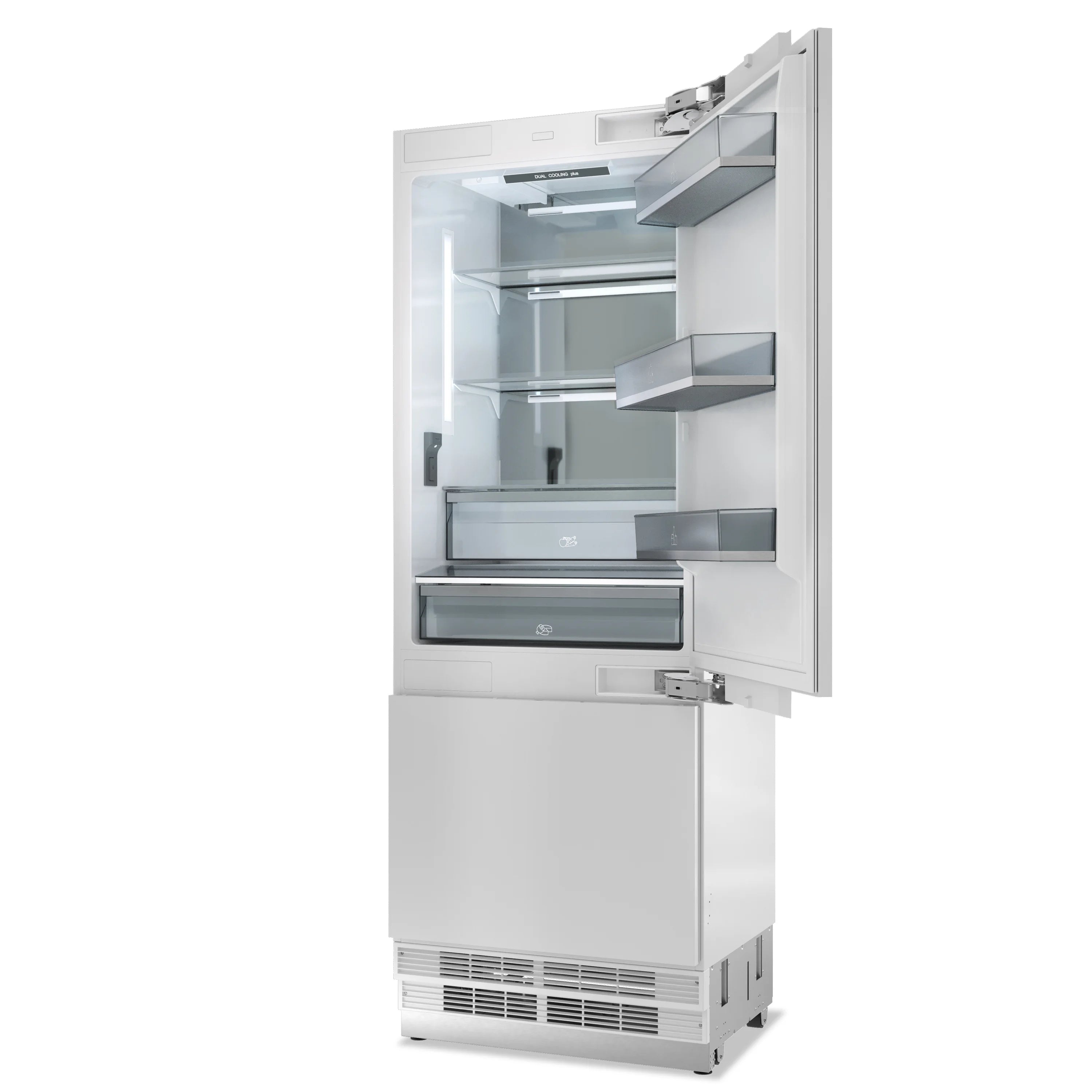 Open refrigerator with upper shelves and bottom freezer compartment, white