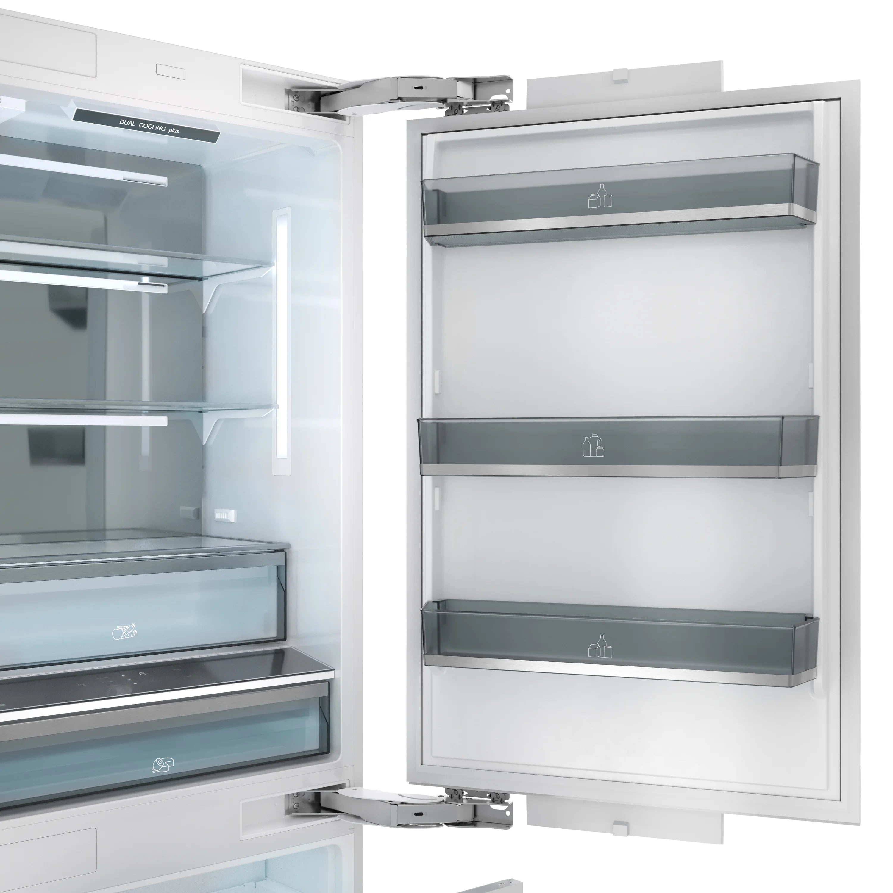 Refrigerator door open with white interior and three adjustable shelves
