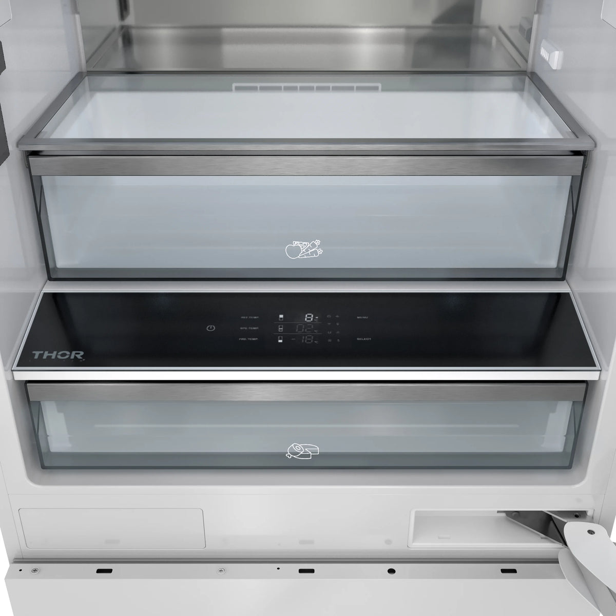 Bottom freezer drawer area with controls and ice-cold storage bins