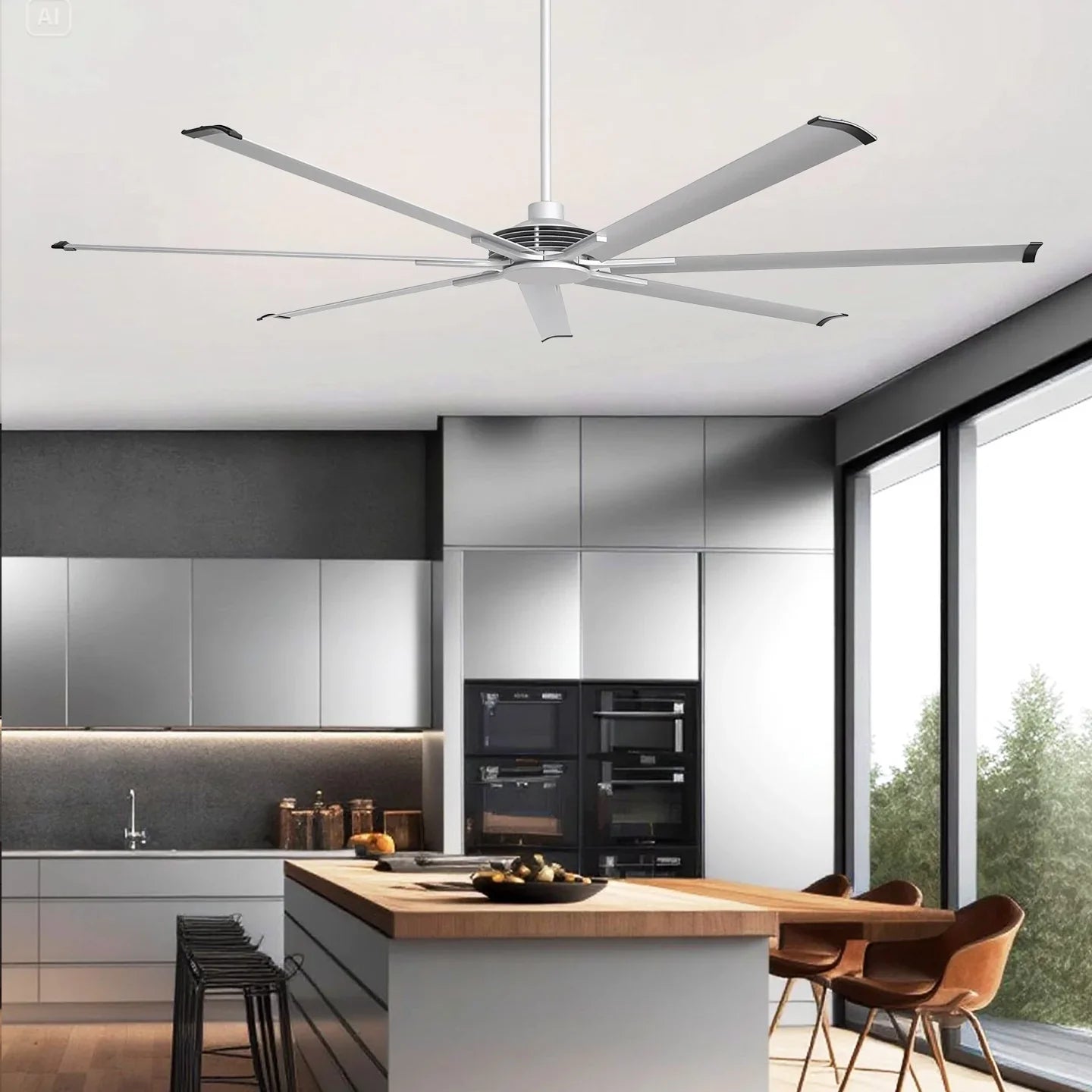 Gray ceiling fan with multiple blades and central motor housing