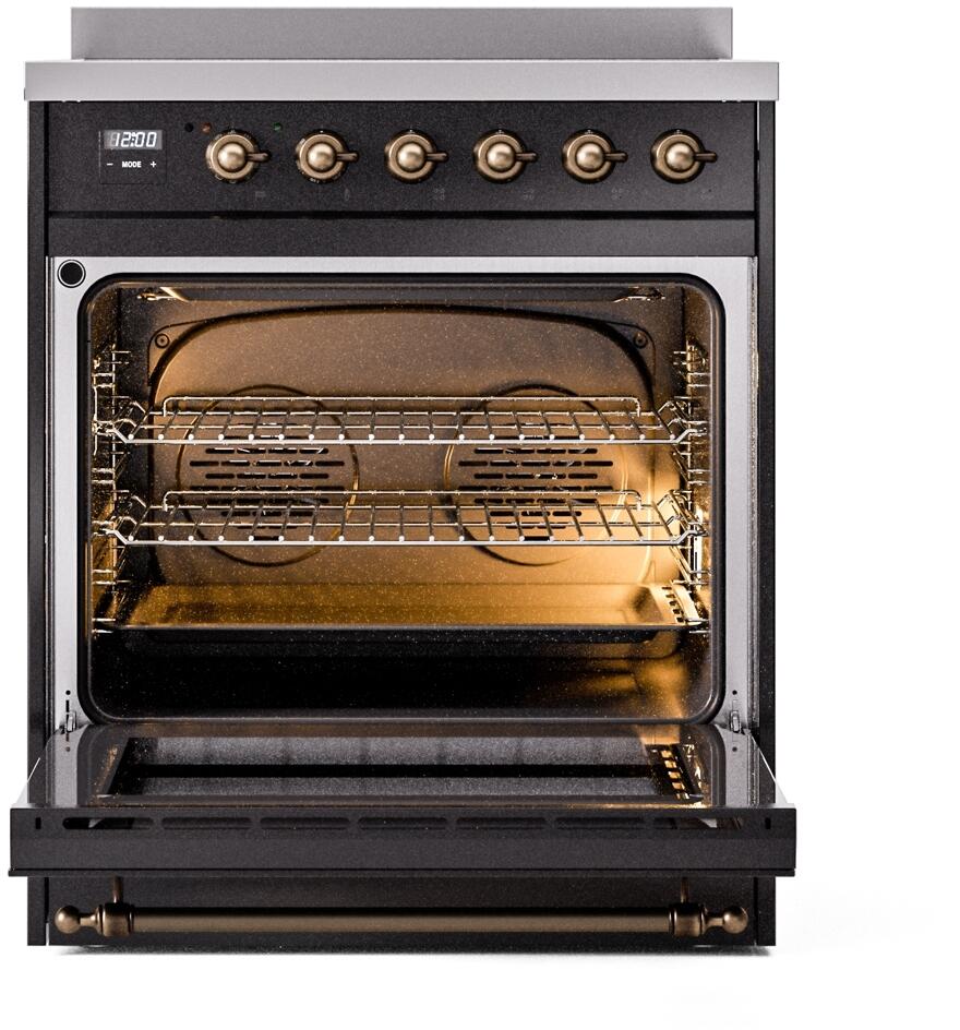 Open oven of glossy black induction range with wire racks and bronze interior accents