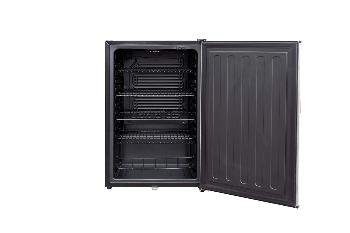 TrueFlame outdoor refrigerator open door with empty interior shelves and side walls