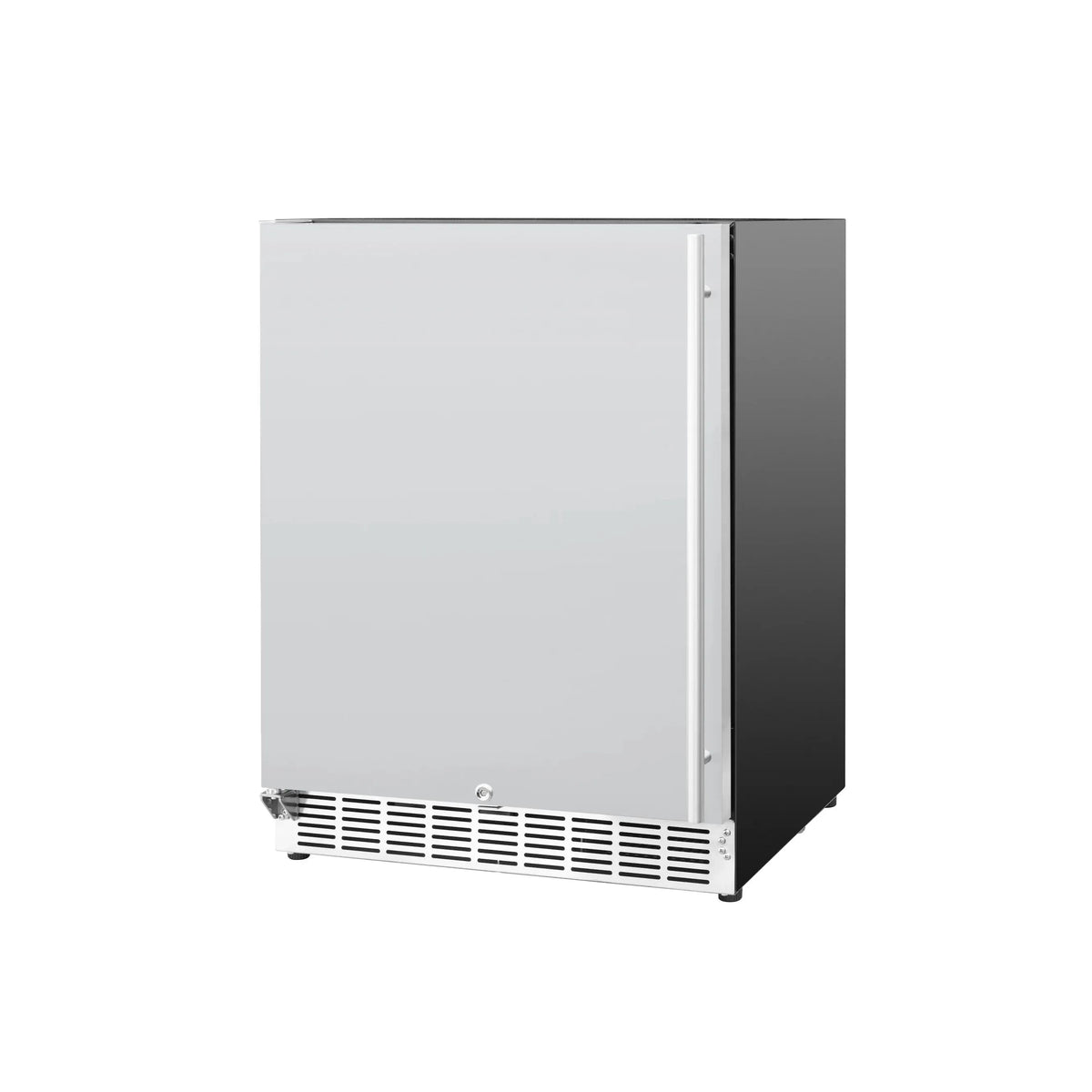 Outdoor refrigerator with closed door and bottom vent, stainless steel