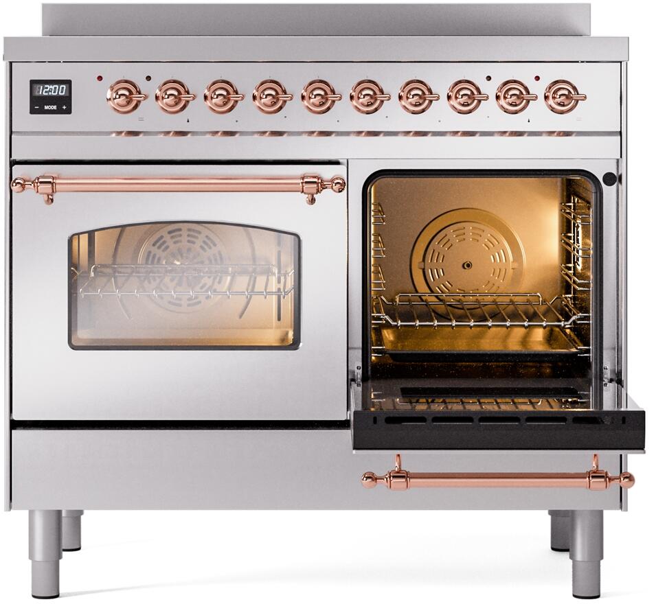 Induction range with right oven open, left oven closed, copper handles and trim