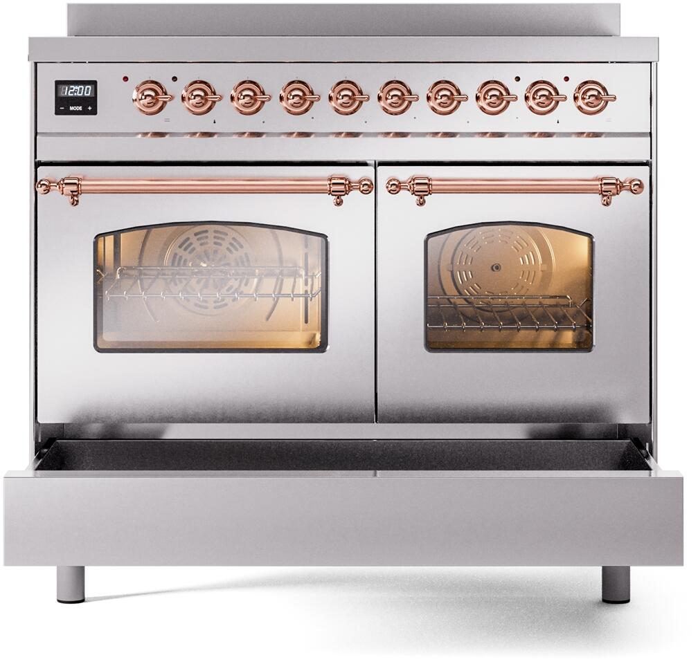Freestanding induction range front with two oven doors, copper rails, and dark lower panel