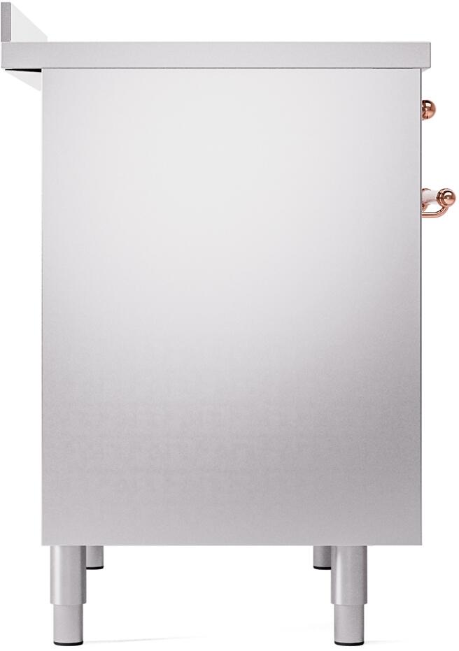 Stainless side panel of freestanding induction range with copper trim and adjustable legs
